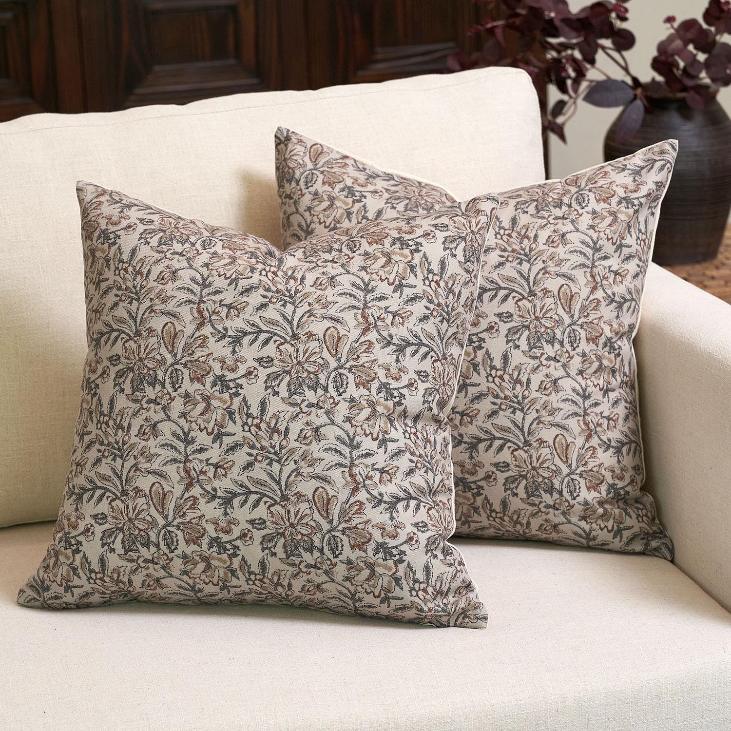 Amor Virisso Floral Throw Pillow Covers 20x20 Set of 2 Vintage Block Print Pillow Covers Decorative Pillow Covers Couch Pillows for Living Room Farmhouse Accent Sofa Pillows, Red/Sand