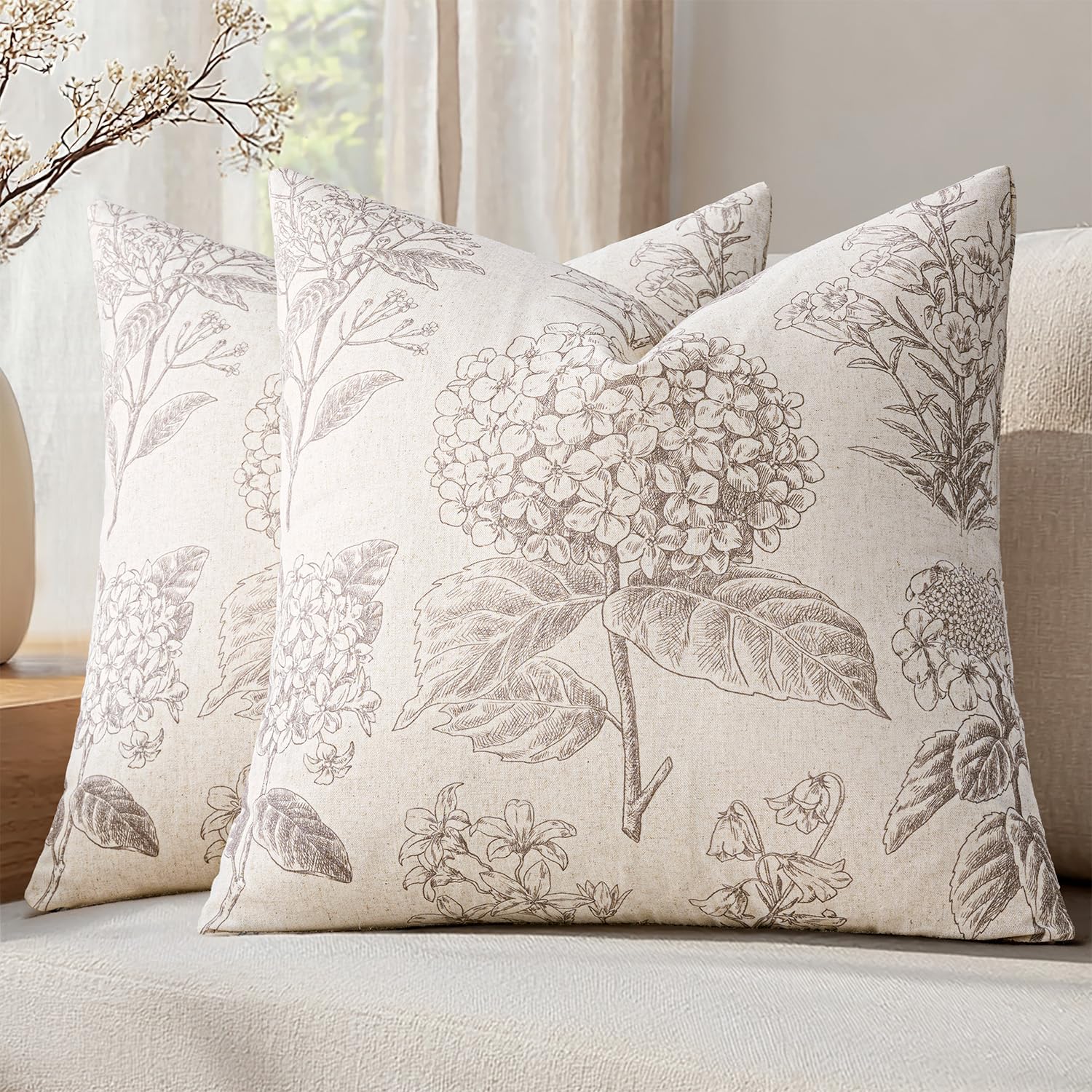 Set of 2 Decorative Floral Neutral Pillow Covers 20x20 Inch Light Green Hydrangea Print Spring Farmhouse Boho Vintage Throw Cushion Covers for Sofa Couch Porch Bedroom Living Room Home Decor