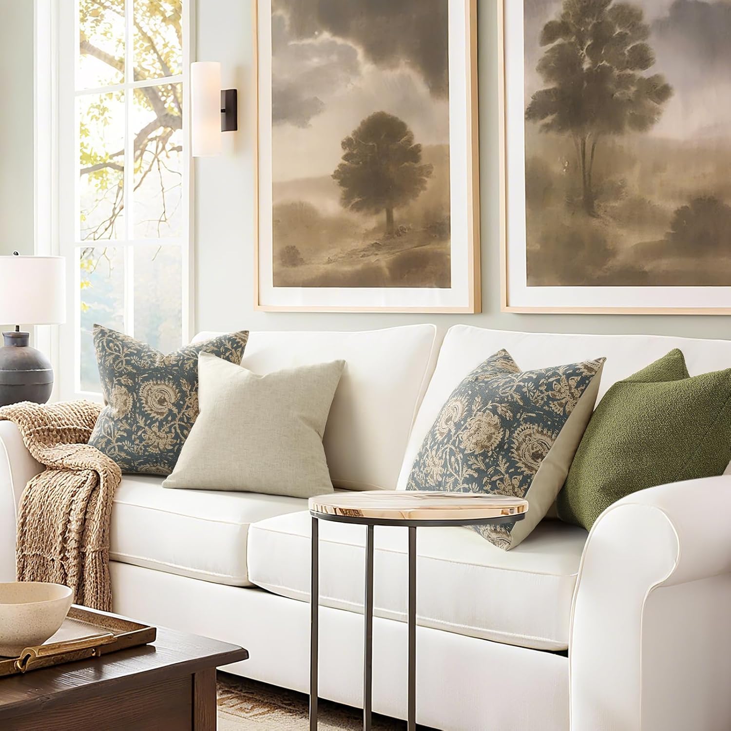 Vintage Floral Print Throw Pillow Covers 24x24 Set of 2 Neutral Modern Farmhouse Pillowcases Accent Decorative Cushion Covers Boho Home Decor for Couch Sofa Chair Bed Living Room, Dusty Blue