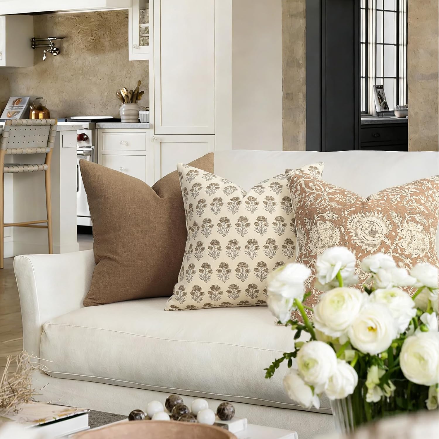 Farmhouse Floral Pillow Covers 26x26 Set of 2, Country Botanical Throw Pillow Cover for Sofa Couch Bed Living Room, Rustic Vintage Flower Cushion Covers Cottage Home Decor,Vintage Walnut