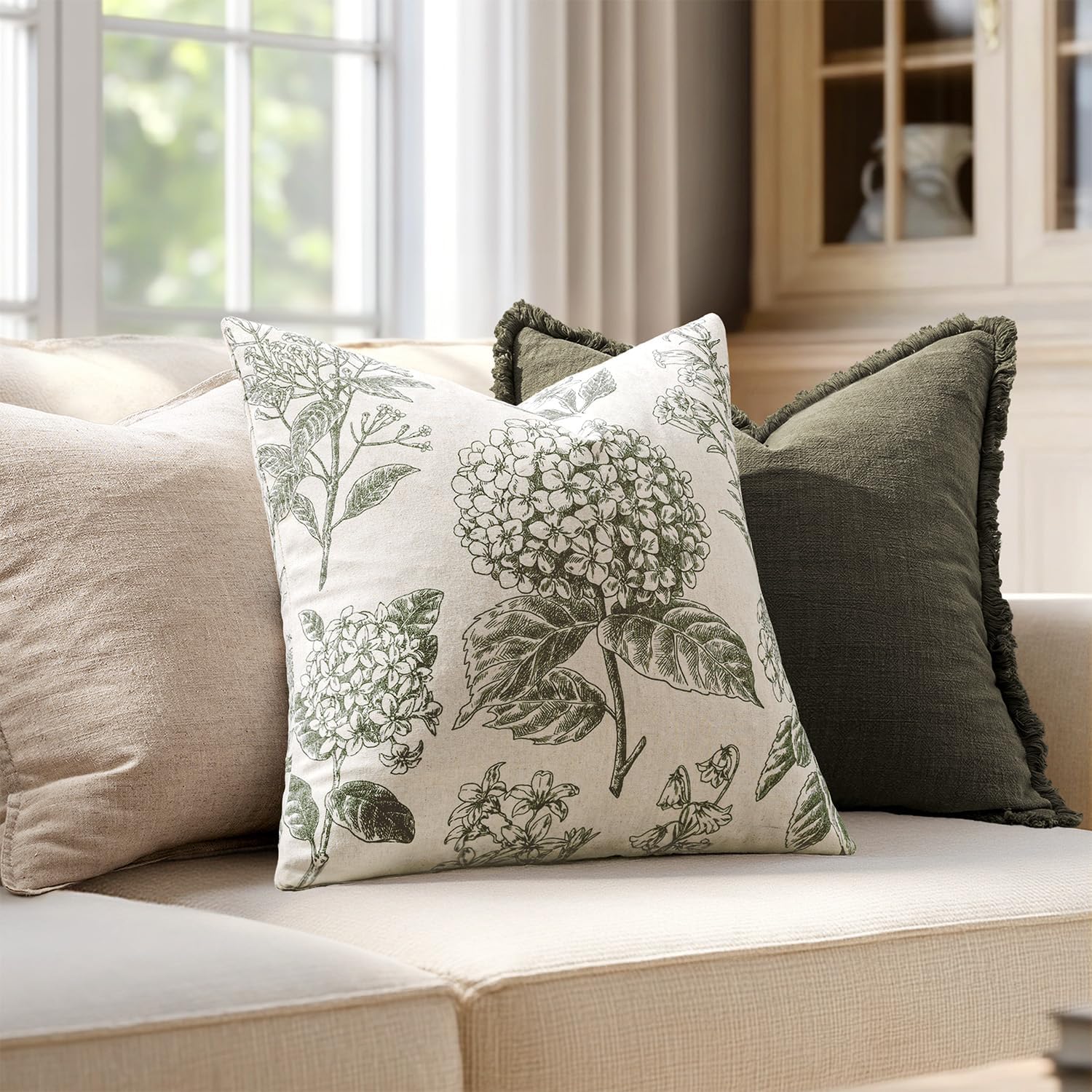 Set of 2 Decorative Floral Neutral Pillow Covers 20x20 Inch Light Green Hydrangea Print Spring Farmhouse Boho Vintage Throw Cushion Covers for Sofa Couch Porch Bedroom Living Room Home Decor