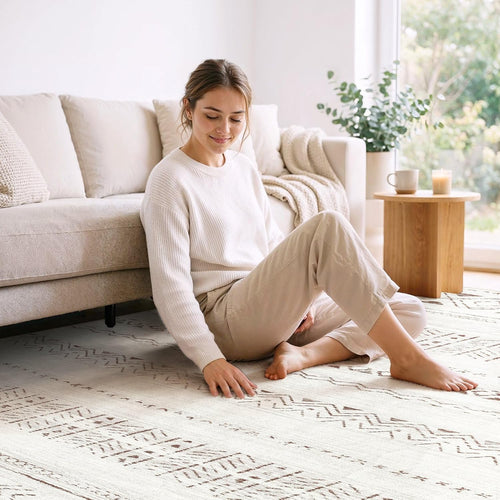 5x7 Area Rug for Living Room, Washable Non-Slip Large Area Rug, Indoor Floor Carpet Low Pile Soft Boho Farmhouse Rug for Bedroom Dining Room (Light Brown/Cream,5'x7')