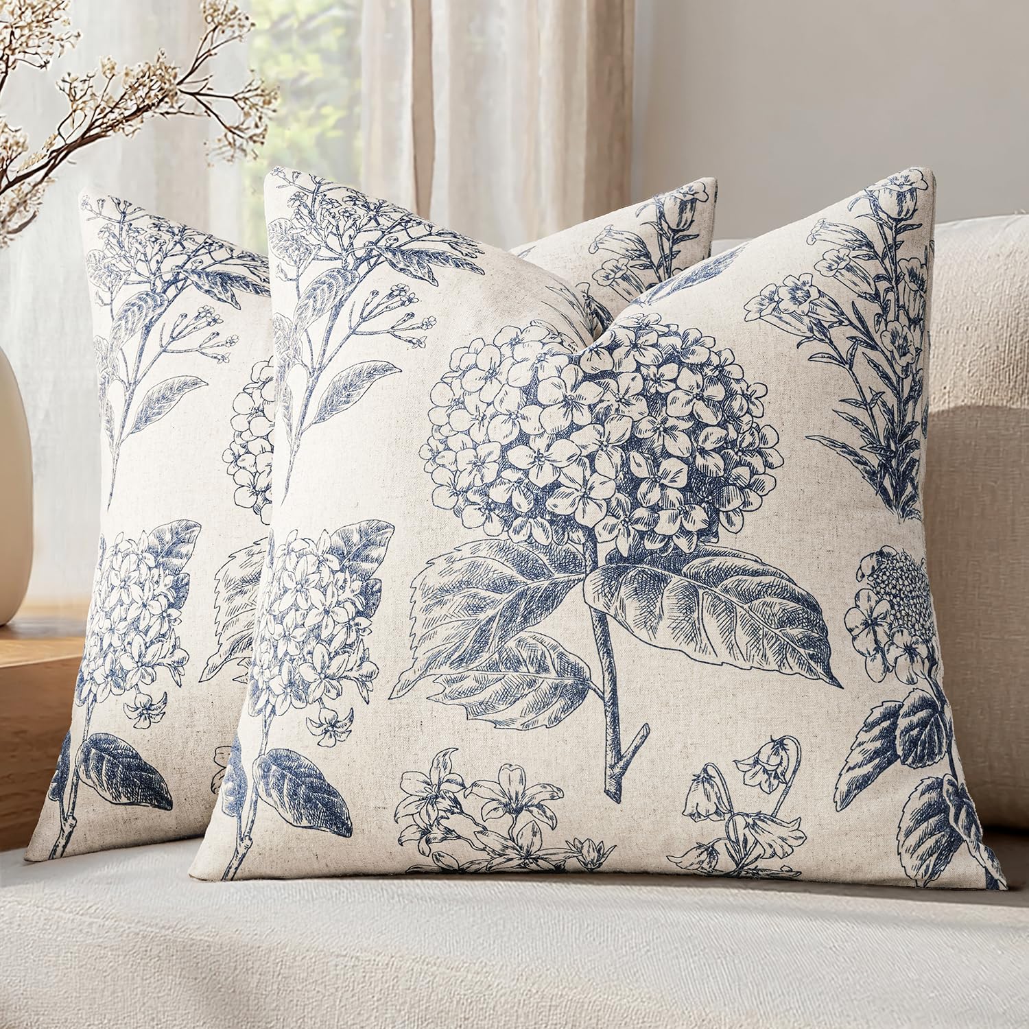 Set of 2 Decorative Floral Neutral Pillow Covers 20x20 Inch Light Green Hydrangea Print Spring Farmhouse Boho Vintage Throw Cushion Covers for Sofa Couch Porch Bedroom Living Room Home Decor