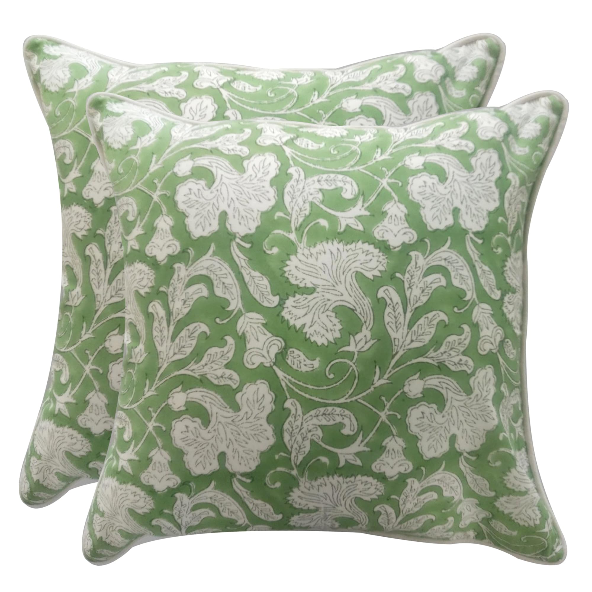 Ridhi Block Print Asparagus Green Pillow Cover 18" x 18" (Pack of 2) Decorative Couch Pillows for Living Room, Chic Boho Cute Outdoor Pillows Covers Gifts for Spring, Easter and Valentine