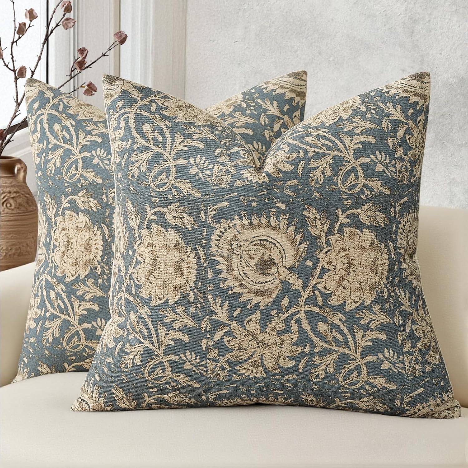 Vintage Floral Print Throw Pillow Covers 24x24 Set of 2 Neutral Modern Farmhouse Pillowcases Accent Decorative Cushion Covers Boho Home Decor for Couch Sofa Chair Bed Living Room, Dusty Blue