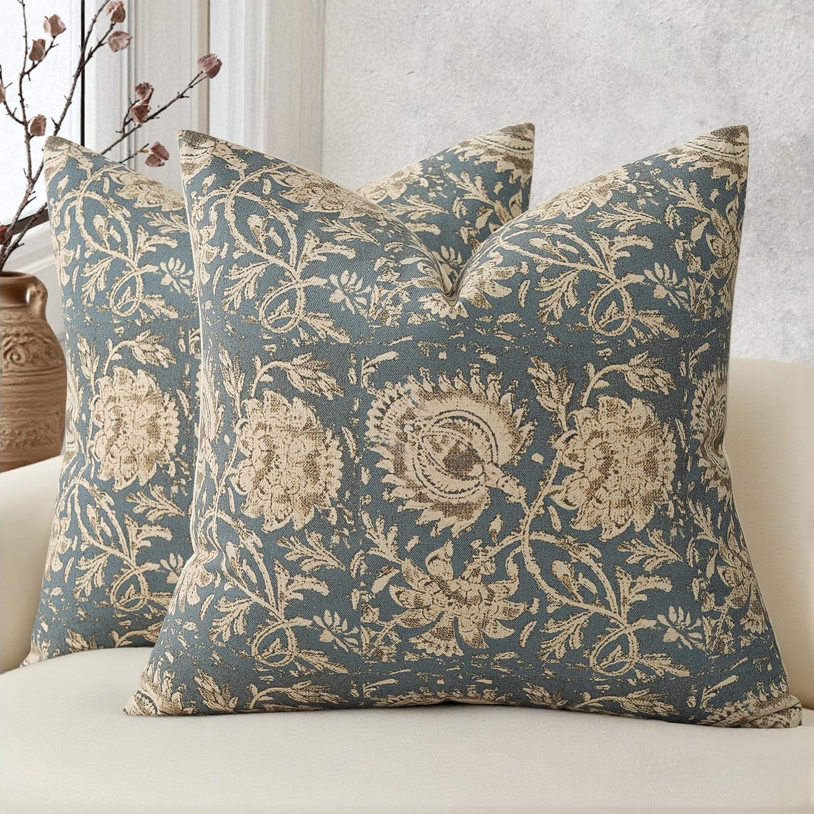 Vintage Floral Print Throw Pillow Covers 24x24 Set of 2 Neutral Modern Farmhouse Pillowcases Accent Decorative Cushion Covers Boho Home Decor for Couch Sofa Chair Bed Living Room, Dusty Blue