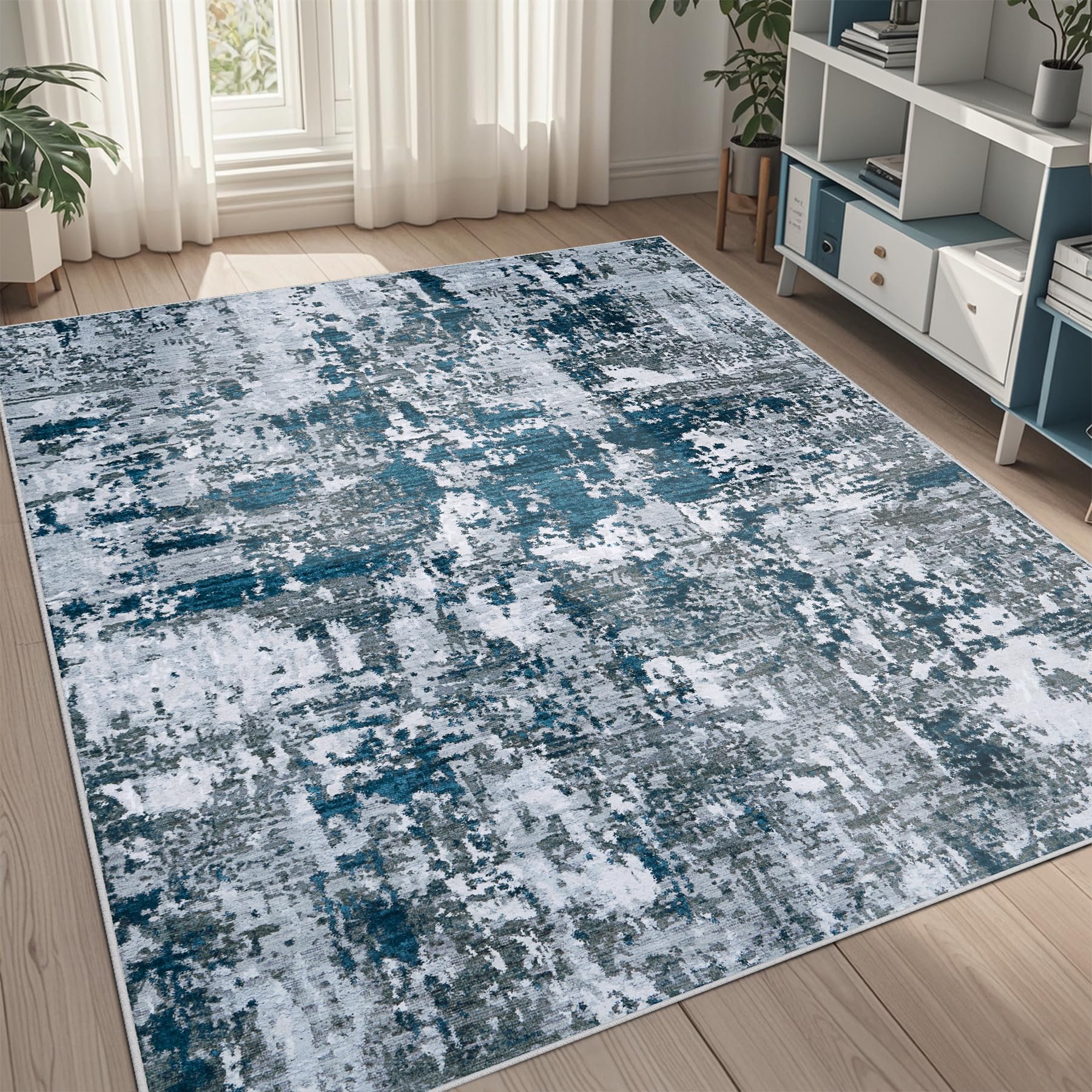 8x10 Area Rugs for Living Room Rug Washable: Abstract Large Rug for Dining Room Bedroom Carpet Non Slip 8 by 10 Indoor Modern Nursery Home Office Blue Grey