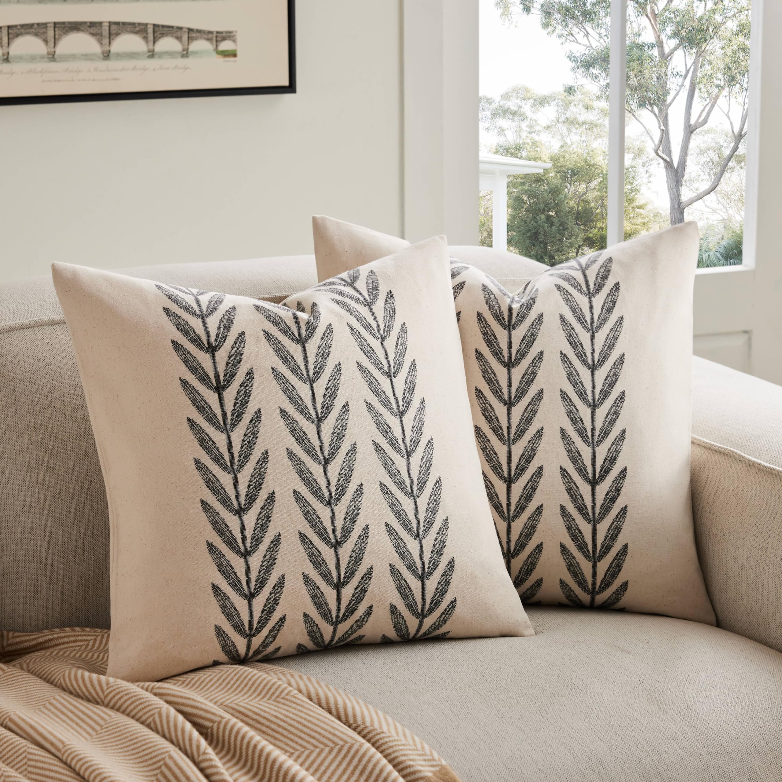 100% Cotton Farmhouse Leaves Throw Pillow Covers Set of 2, 24x24 Inch Mixed Beige Pastoral Decorative Print Cushion Covers for Sofa Bed Living Room Home Decor