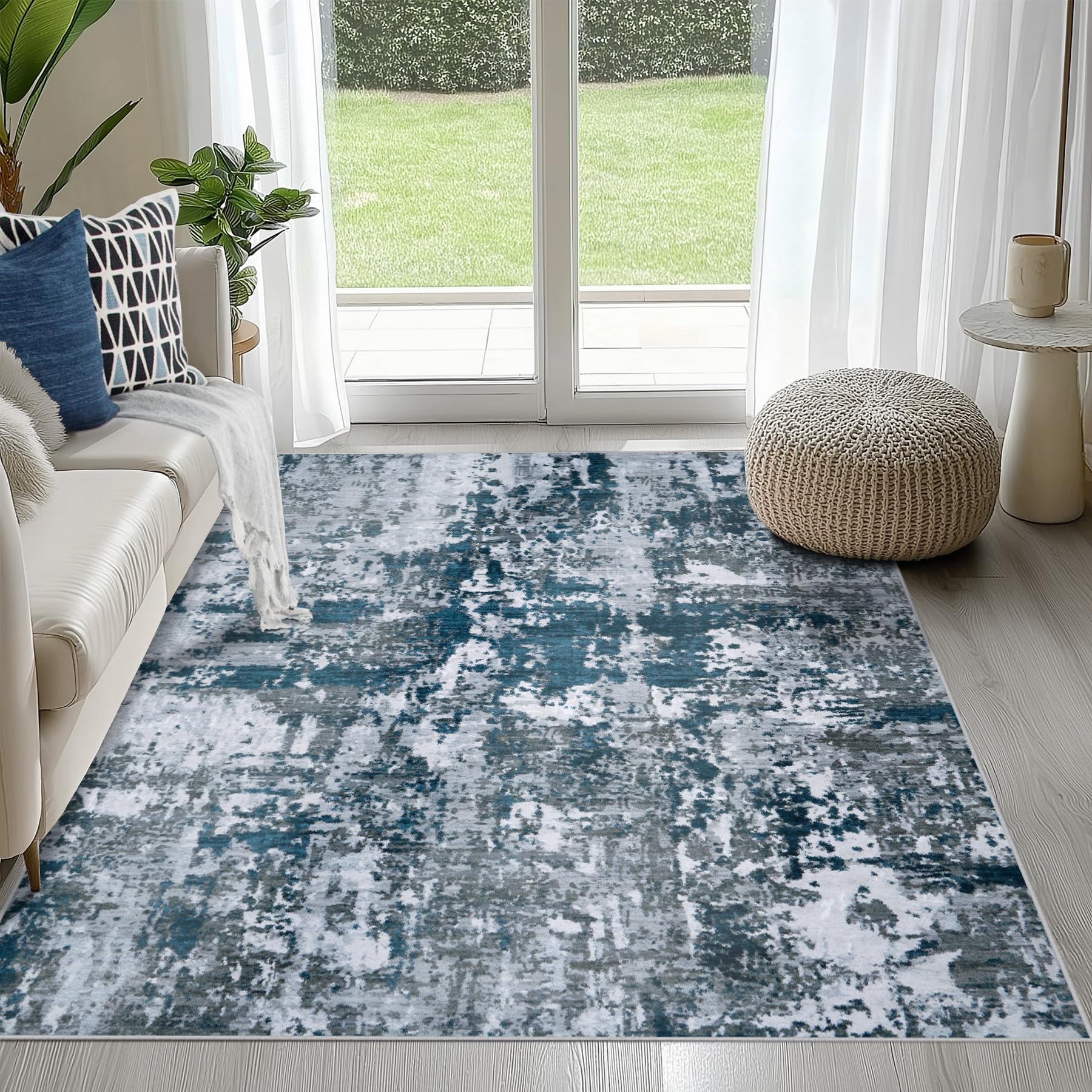 8x10 Area Rugs for Living Room Rug Washable: Abstract Large Rug for Dining Room Bedroom Carpet Non Slip 8 by 10 Indoor Modern Nursery Home Office Blue Grey