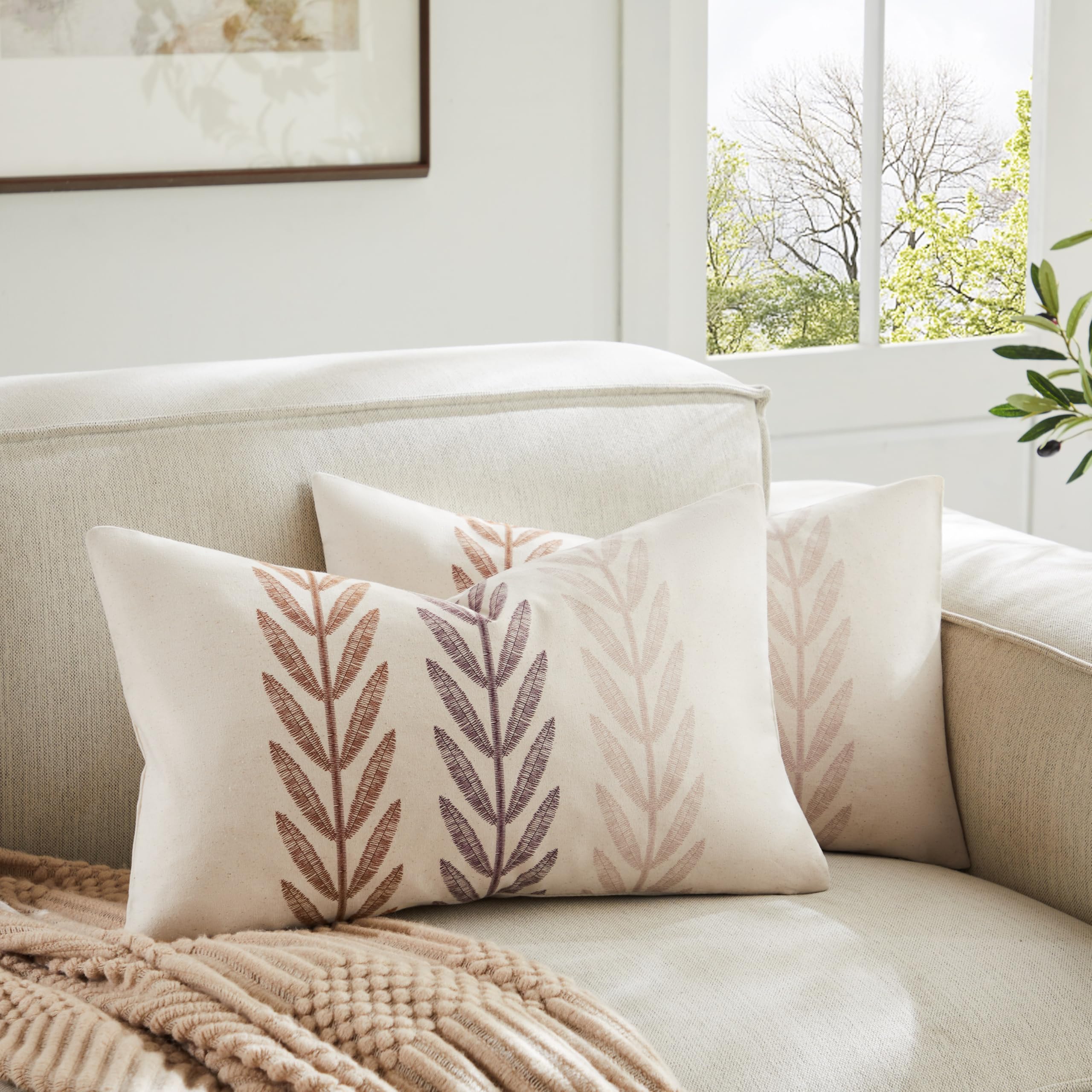 100% Cotton Farmhouse Leaves Throw Pillow Covers Set of 2, 24x24 Inch Mixed Beige Pastoral Decorative Print Cushion Covers for Sofa Bed Living Room Home Decor