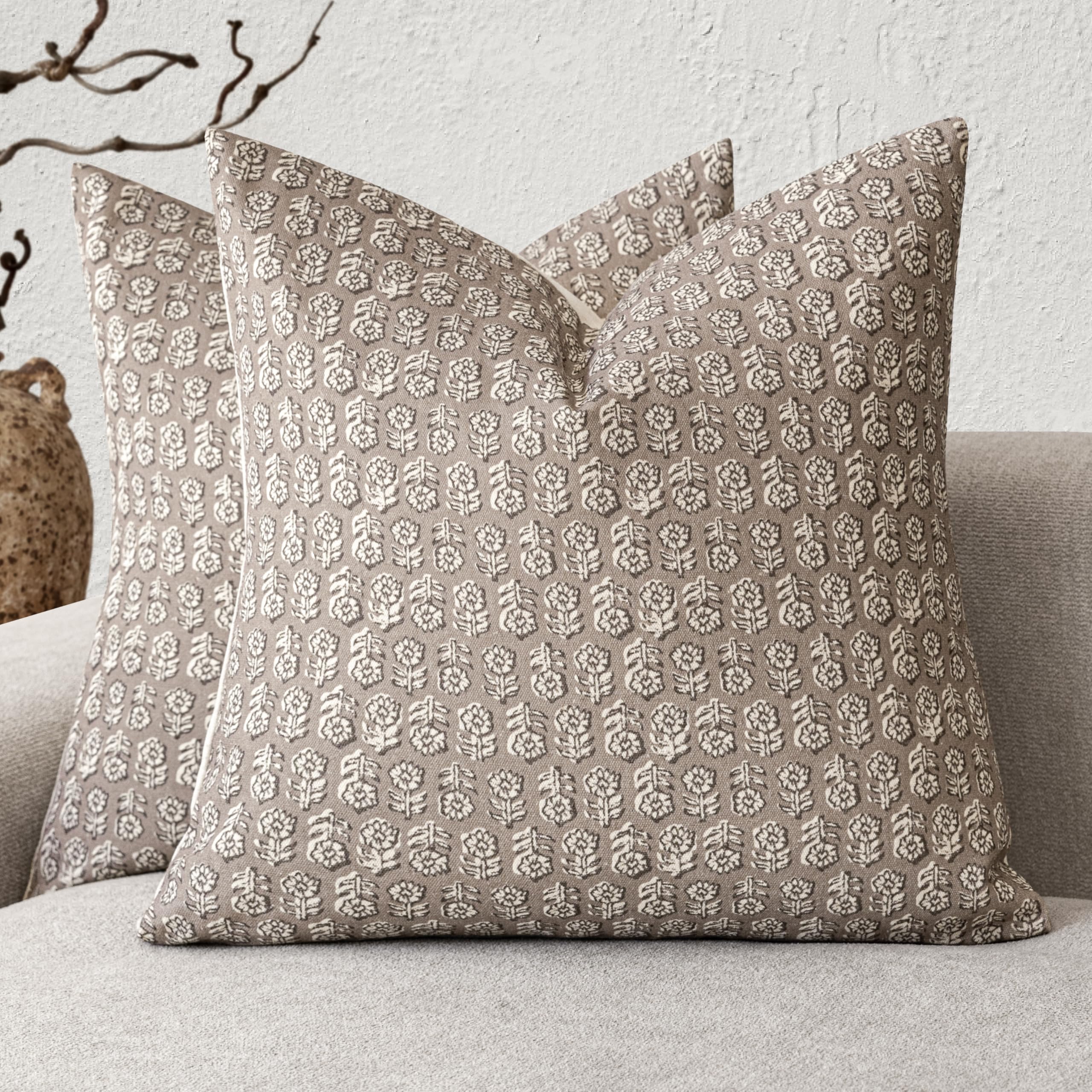 Foindtower Set of 2 Decorative Vintage Floral Print Throw Pillow Covers Neutral Modern Farmhouse Cushion Covers Boho Home Decor for Sofa Couch Chair Bedroom Living Room,24×24 Inch,Sage Green