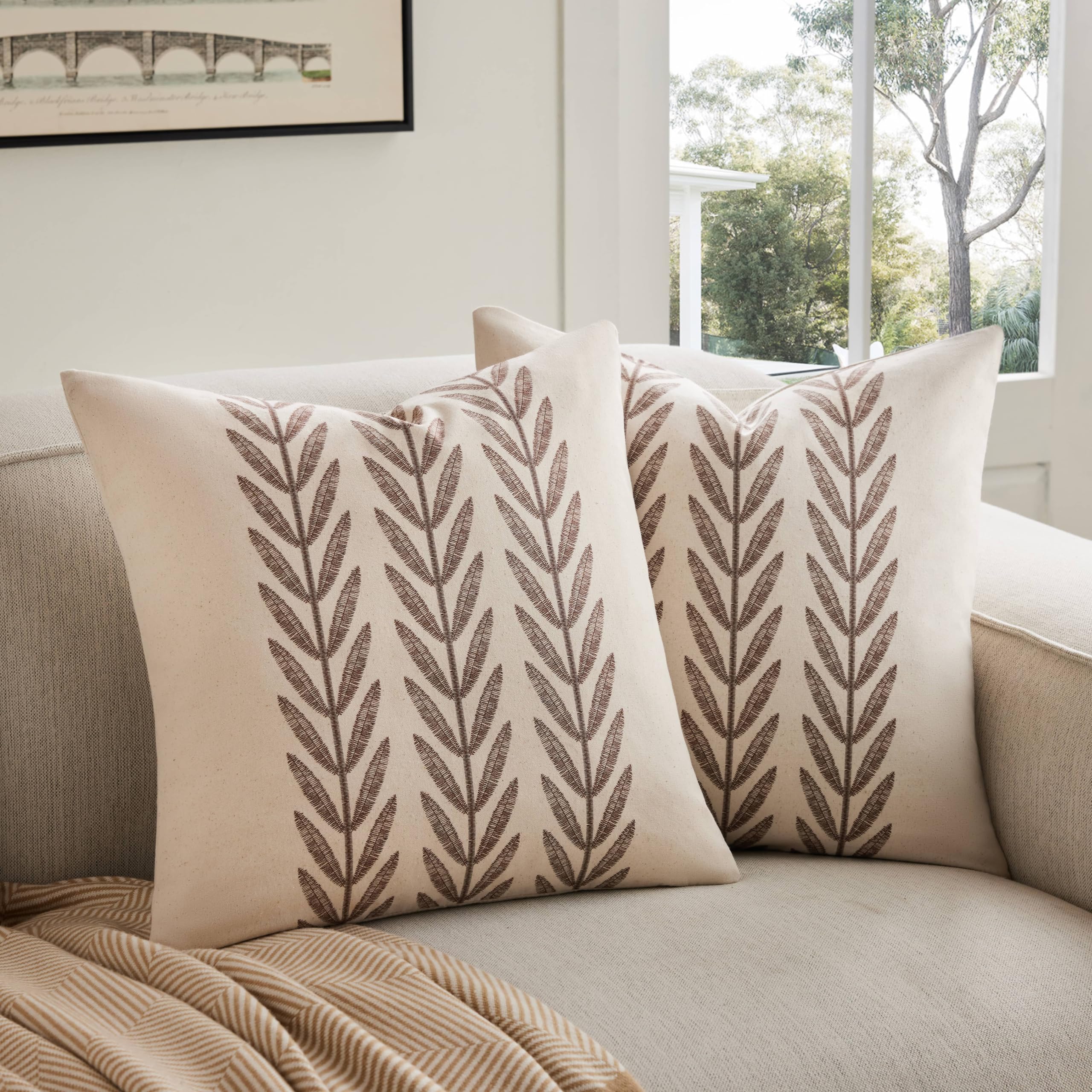 100% Cotton Farmhouse Leaves Throw Pillow Covers Set of 2, 24x24 Inch Mixed Beige Pastoral Decorative Print Cushion Covers for Sofa Bed Living Room Home Decor