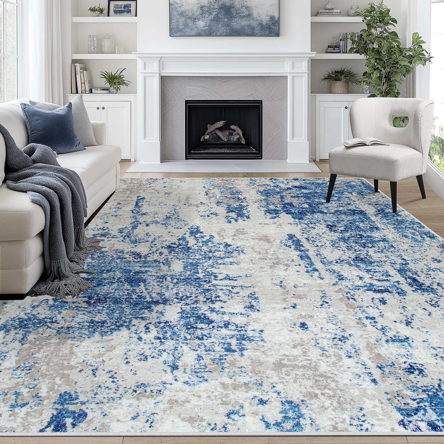 8x10 Area Rugs for Living Room Rug Washable: Abstract Large Rug for Dining Room Bedroom Carpet Non Slip 8 by 10 Indoor Modern Nursery Home Office Blue Grey