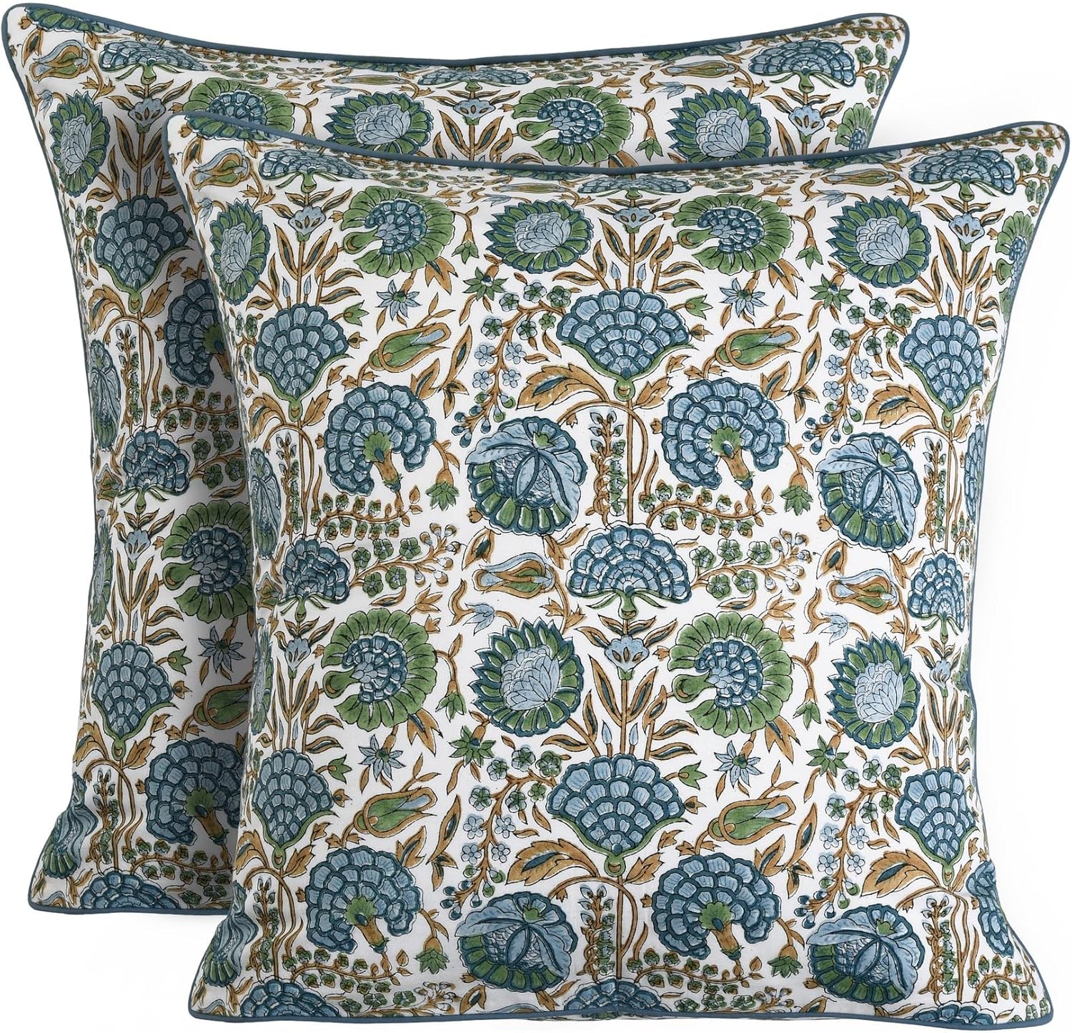 Ridhi Block Print Asparagus Green Pillow Cover 18" x 18" (Pack of 2) Decorative Couch Pillows for Living Room, Chic Boho Cute Outdoor Pillows Covers Gifts for Spring, Easter and Valentine