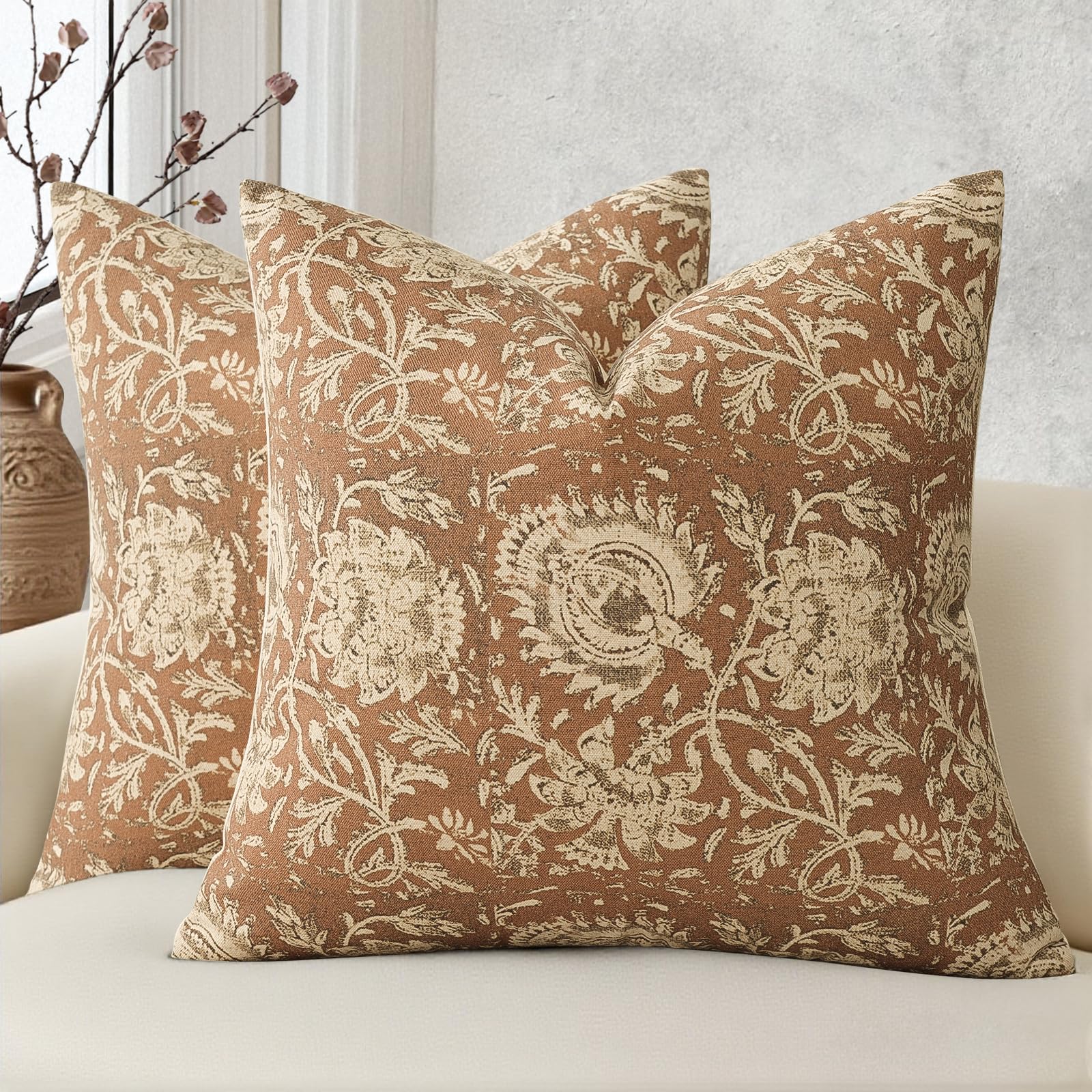 Vintage Floral Print Throw Pillow Covers 24x24 Set of 2 Neutral Modern Farmhouse Pillowcases Accent Decorative Cushion Covers Boho Home Decor for Couch Sofa Chair Bed Living Room, Dusty Blue