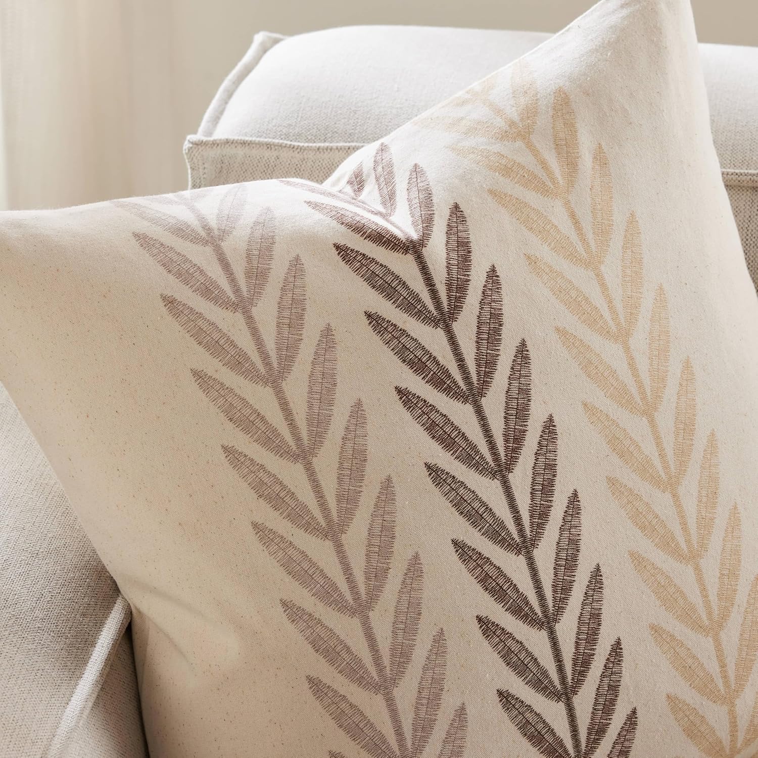 100% Cotton Farmhouse Leaves Throw Pillow Covers Set of 2, 24x24 Inch Mixed Beige Pastoral Decorative Print Cushion Covers for Sofa Bed Living Room Home Decor