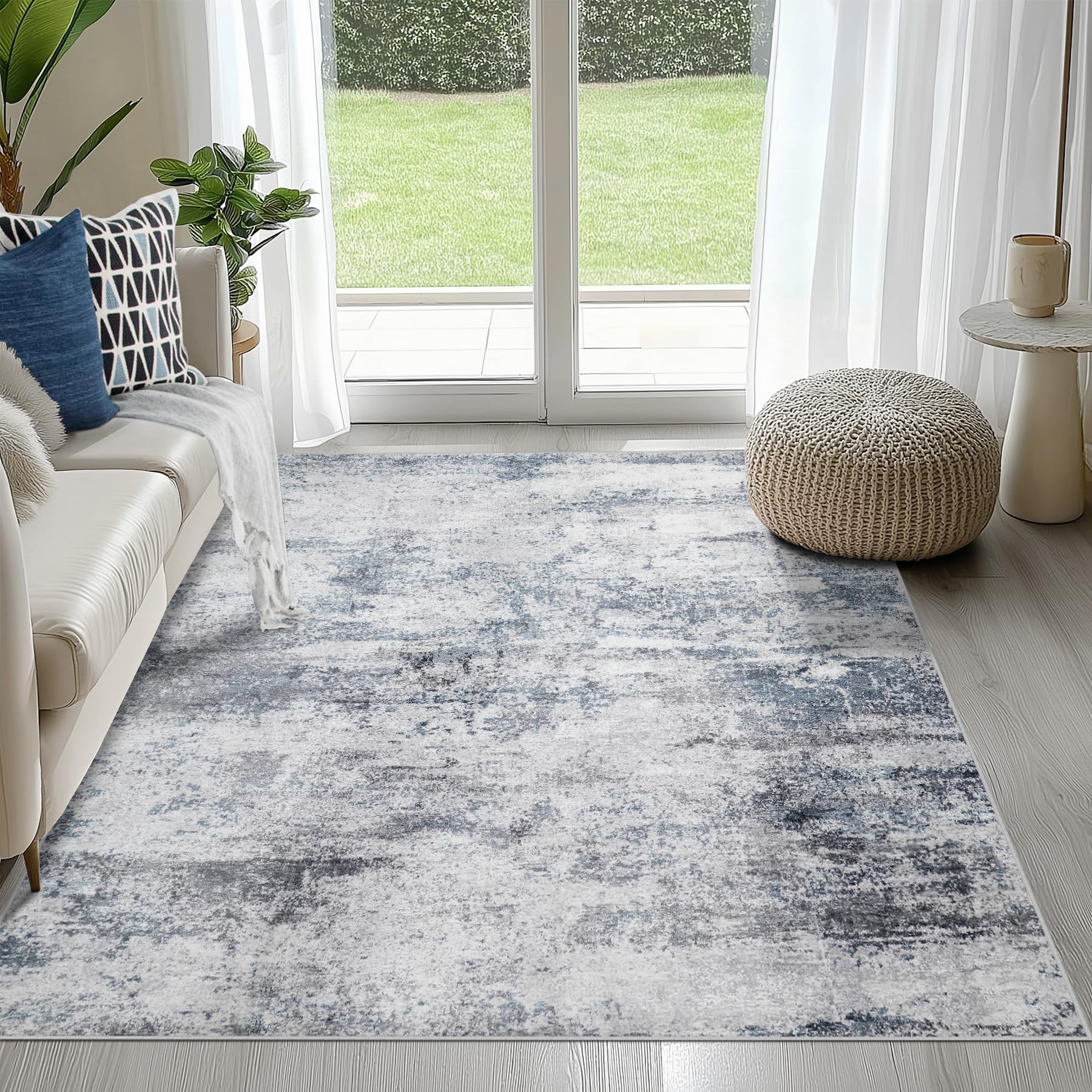 8x10 Area Rugs for Living Room Rug Washable: Abstract Large Rug for Dining Room Bedroom Carpet Non Slip 8 by 10 Indoor Modern Nursery Home Office Blue Grey