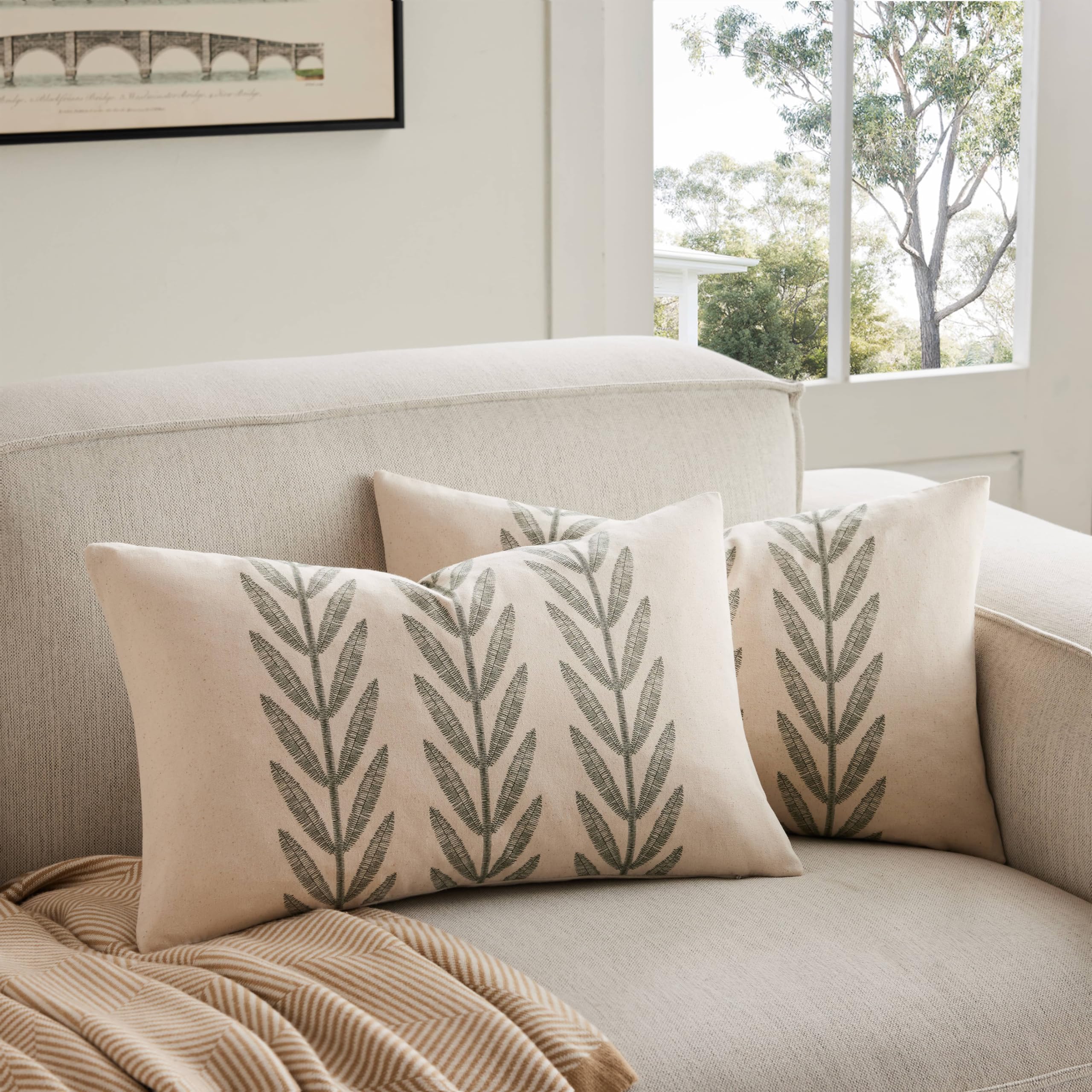 100% Cotton Farmhouse Leaves Throw Pillow Covers Set of 2, 24x24 Inch Mixed Beige Pastoral Decorative Print Cushion Covers for Sofa Bed Living Room Home Decor