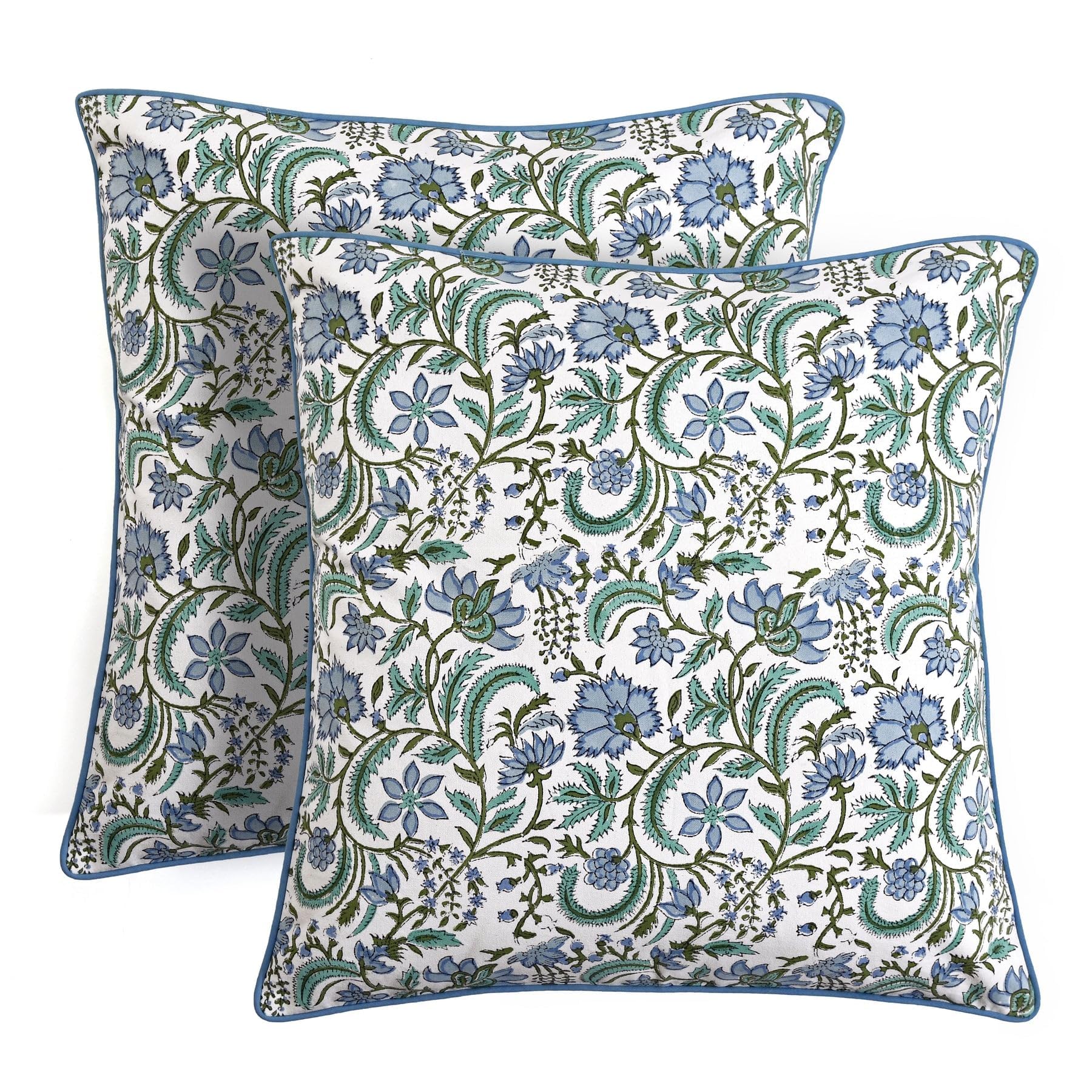 Ridhi Block Print Asparagus Green Pillow Cover 18" x 18" (Pack of 2) Decorative Couch Pillows for Living Room, Chic Boho Cute Outdoor Pillows Covers Gifts for Spring, Easter and Valentine