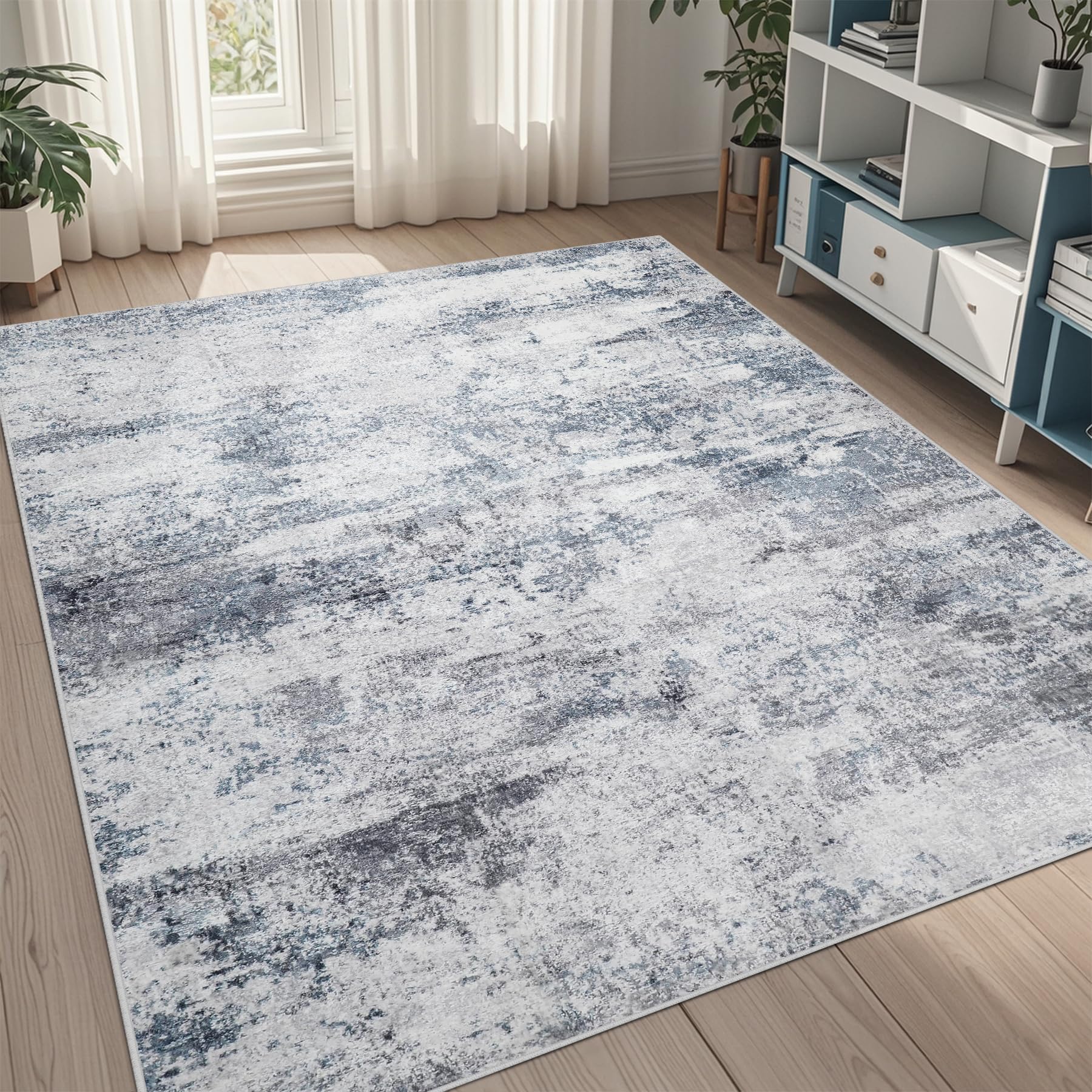 8x10 Area Rugs for Living Room Rug Washable: Abstract Large Rug for Dining Room Bedroom Carpet Non Slip 8 by 10 Indoor Modern Nursery Home Office Blue Grey
