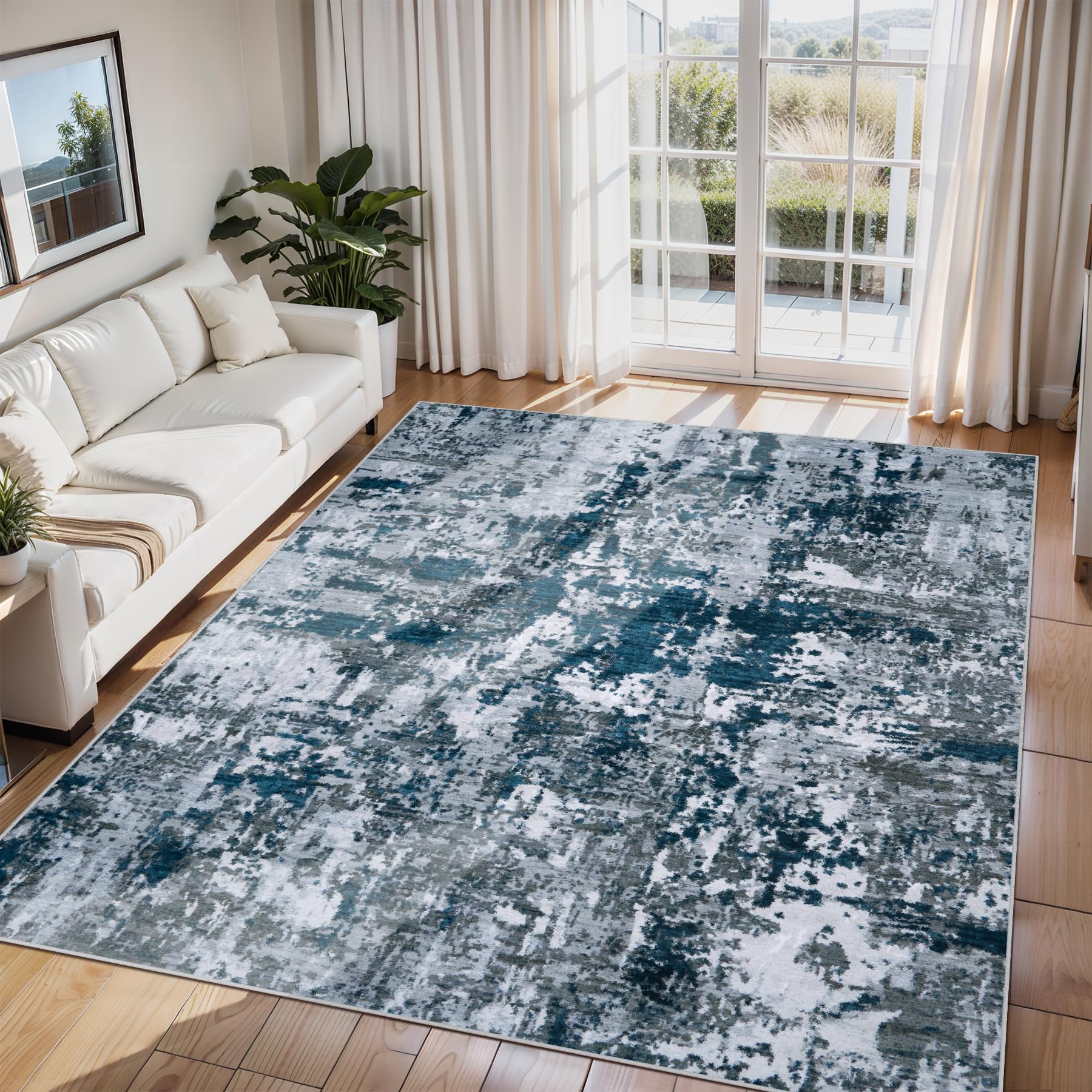 8x10 Area Rugs for Living Room Rug Washable: Abstract Large Rug for Dining Room Bedroom Carpet Non Slip 8 by 10 Indoor Modern Nursery Home Office Blue Grey