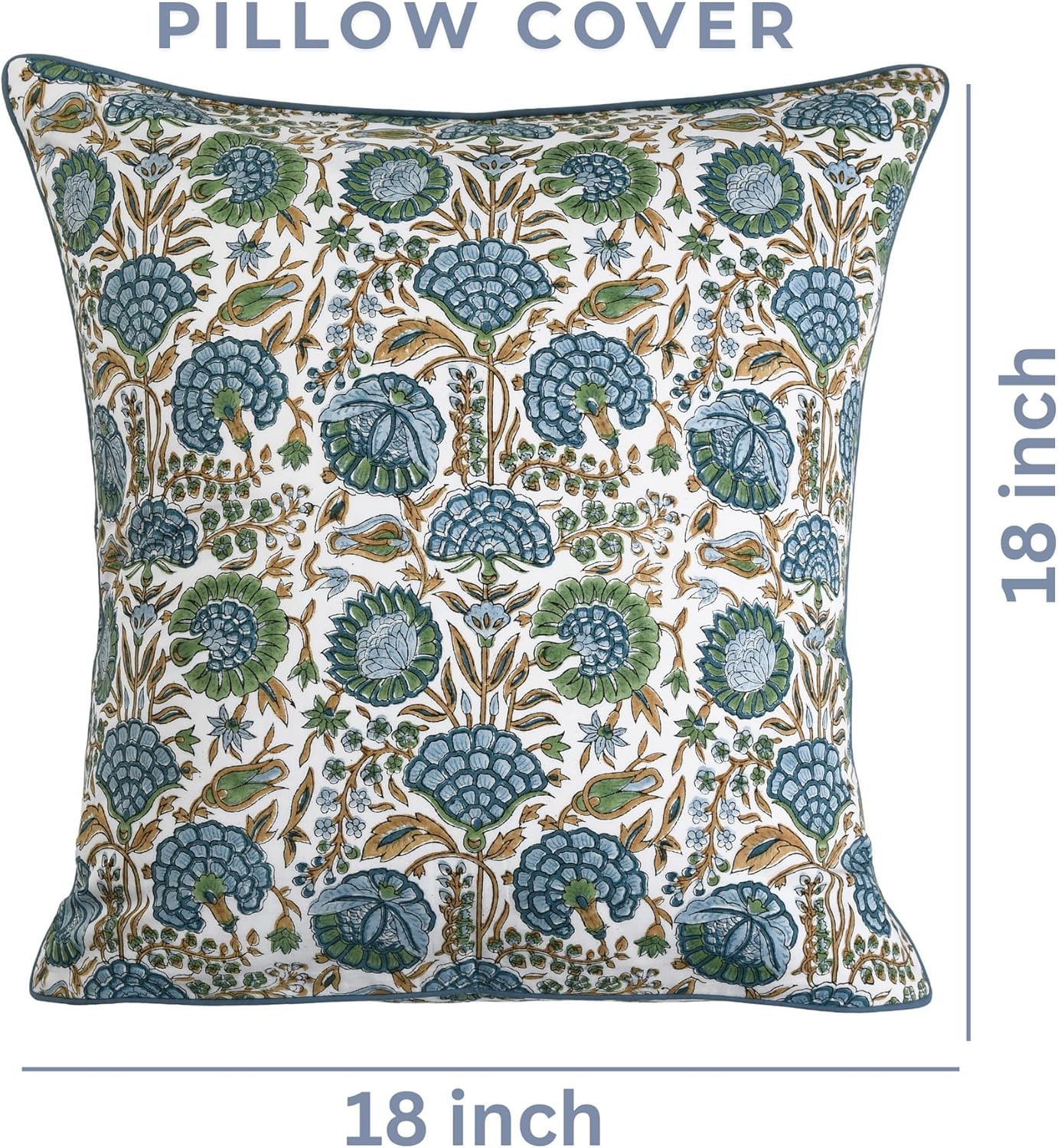 Ridhi Block Print Asparagus Green Pillow Cover 18" x 18" (Pack of 2) Decorative Couch Pillows for Living Room, Chic Boho Cute Outdoor Pillows Covers Gifts for Spring, Easter and Valentine