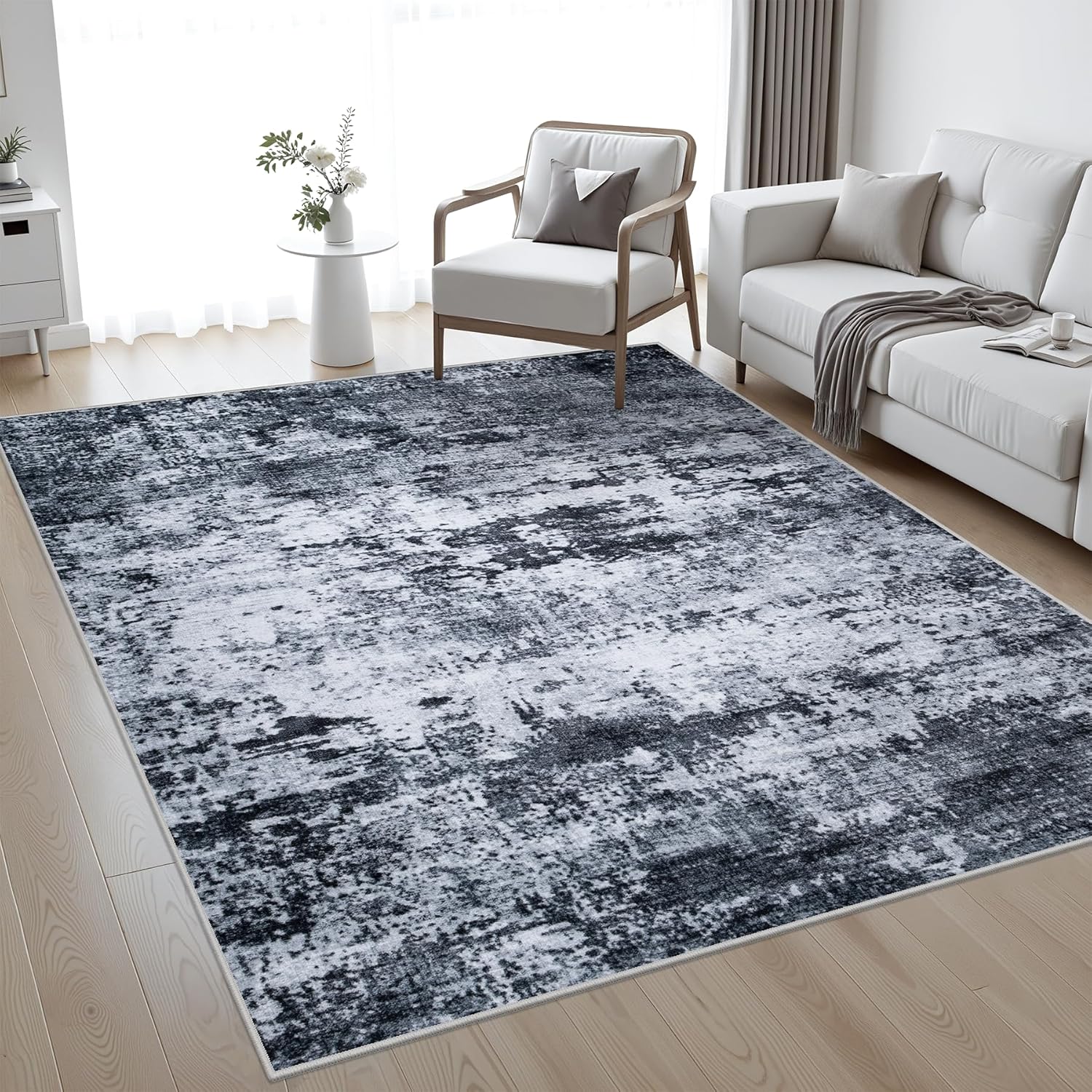 5x7 Area Rug Living Room Rug: Washable Modern Abstract Soft Thin Rug Indoor Floor No Slip Stain Resistant Carpet for Bedroom Dining Room Farmhouse Nursery Home Office - Black