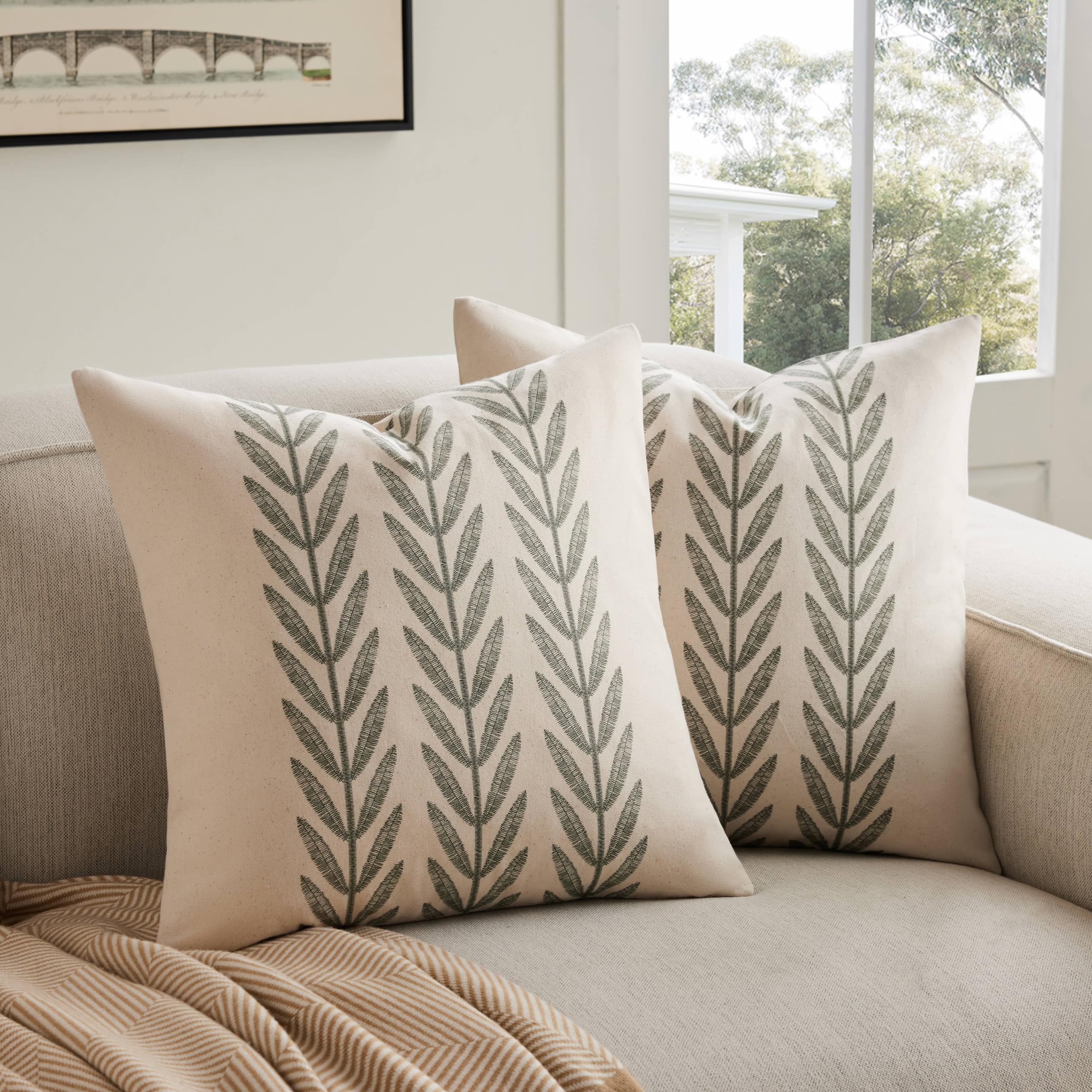 100% Cotton Farmhouse Leaves Throw Pillow Covers Set of 2, 24x24 Inch Mixed Beige Pastoral Decorative Print Cushion Covers for Sofa Bed Living Room Home Decor