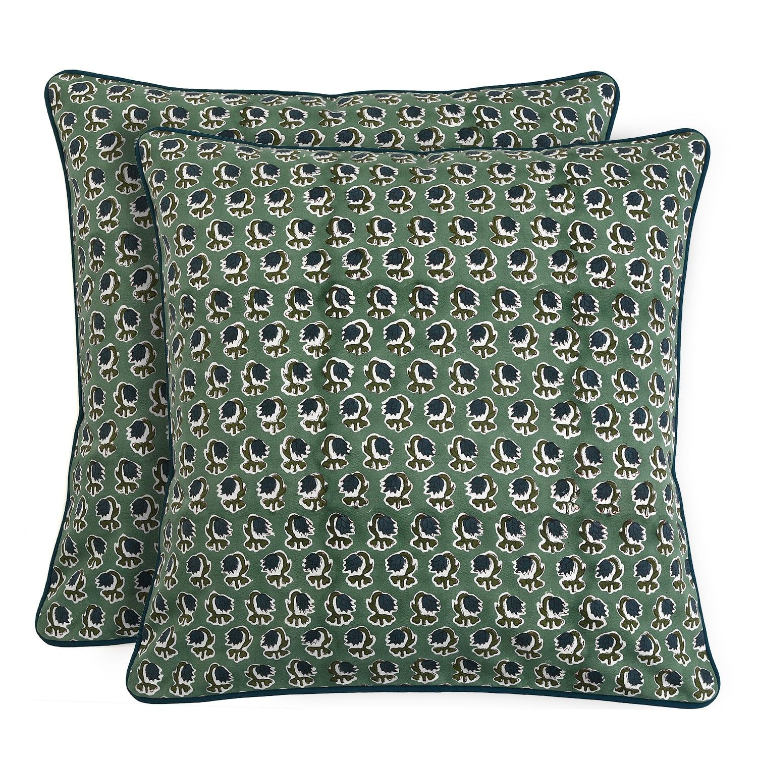 Ridhi Block Print Asparagus Green Pillow Cover 18" x 18" (Pack of 2) Decorative Couch Pillows for Living Room, Chic Boho Cute Outdoor Pillows Covers Gifts for Spring, Easter and Valentine
