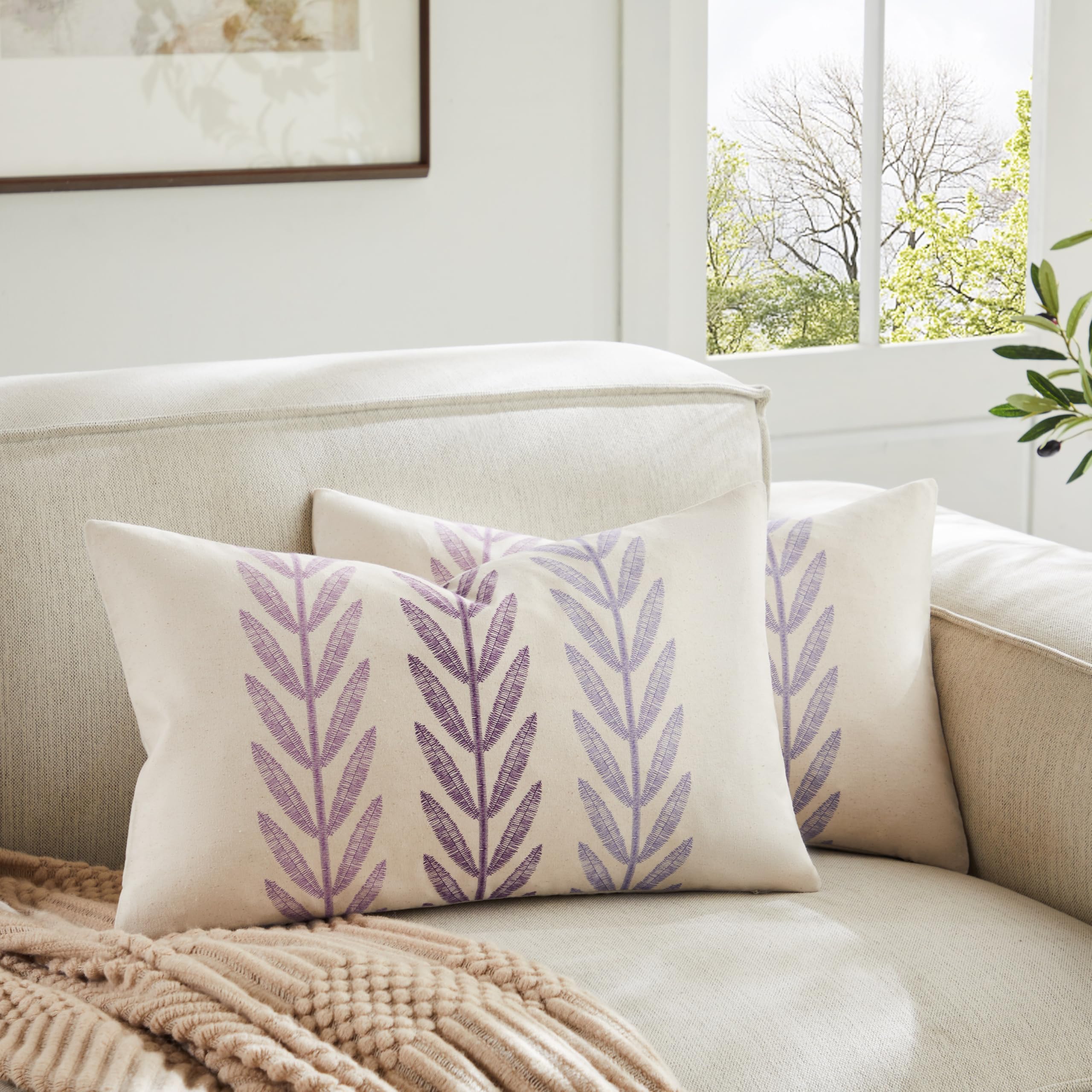 100% Cotton Farmhouse Leaves Throw Pillow Covers Set of 2, 24x24 Inch Mixed Beige Pastoral Decorative Print Cushion Covers for Sofa Bed Living Room Home Decor