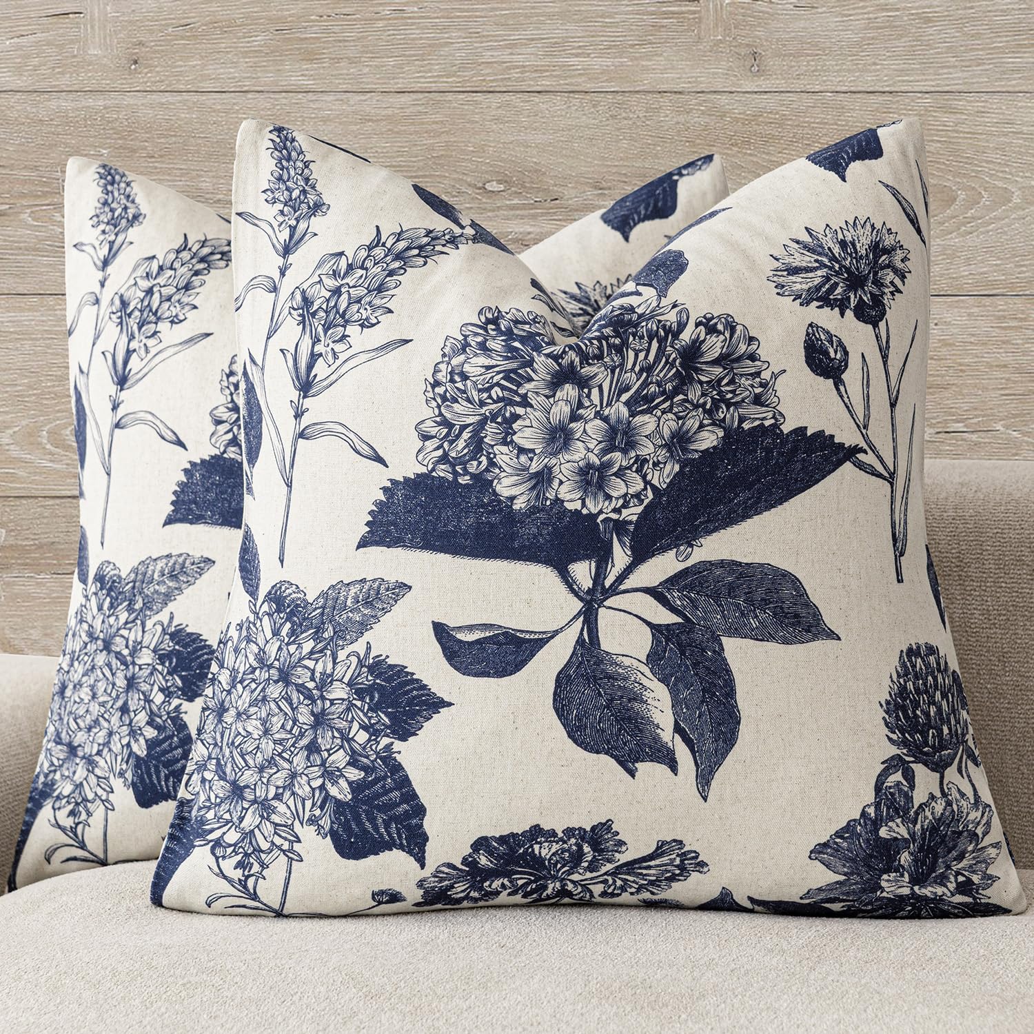 Foindtower Set of 2 Linen Floral Vintage Throw Pillow Covers Neutral Accent Print Decorative Cushion Covers Farmhouse Boho Home Decor for Sofa Chair Couch Bedroom Living Room,22×22 Inch,Blue