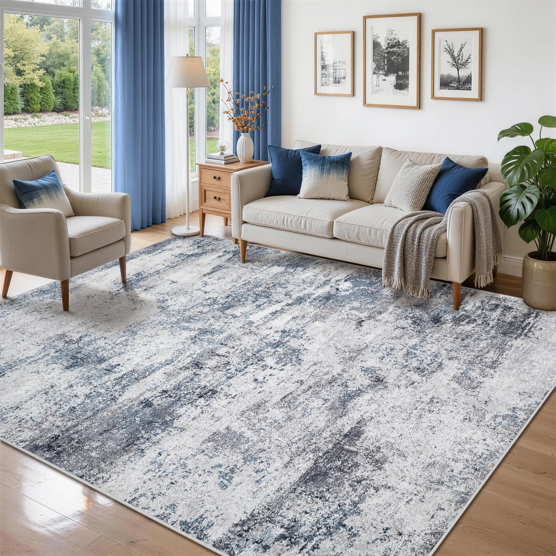 8x10 Area Rugs for Living Room Rug Washable: Abstract Large Rug for Dining Room Bedroom Carpet Non Slip 8 by 10 Indoor Modern Nursery Home Office Blue Grey