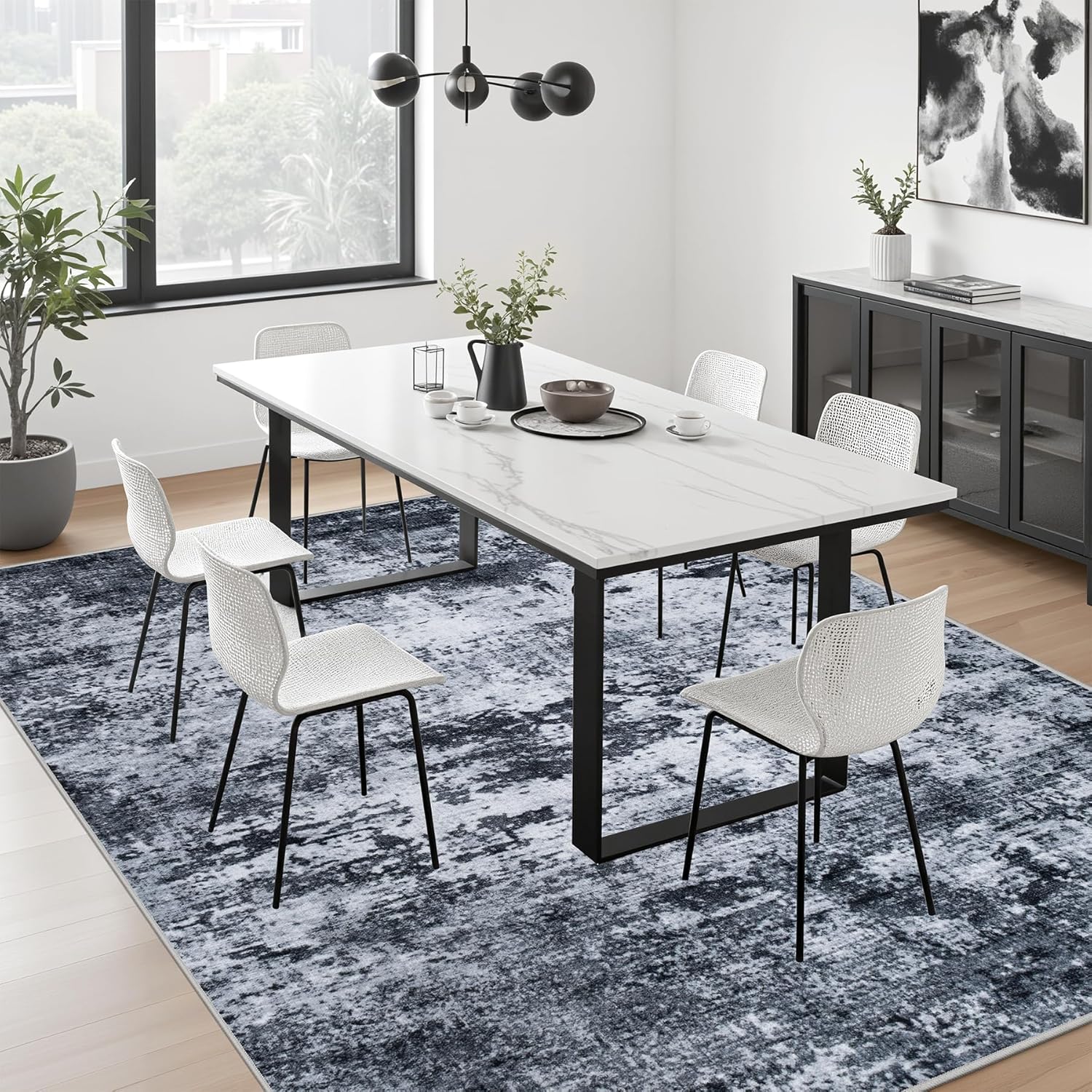 5x7 Area Rug Living Room Rug: Washable Modern Abstract Soft Thin Rug Indoor Floor No Slip Stain Resistant Carpet for Bedroom Dining Room Farmhouse Nursery Home Office - Black