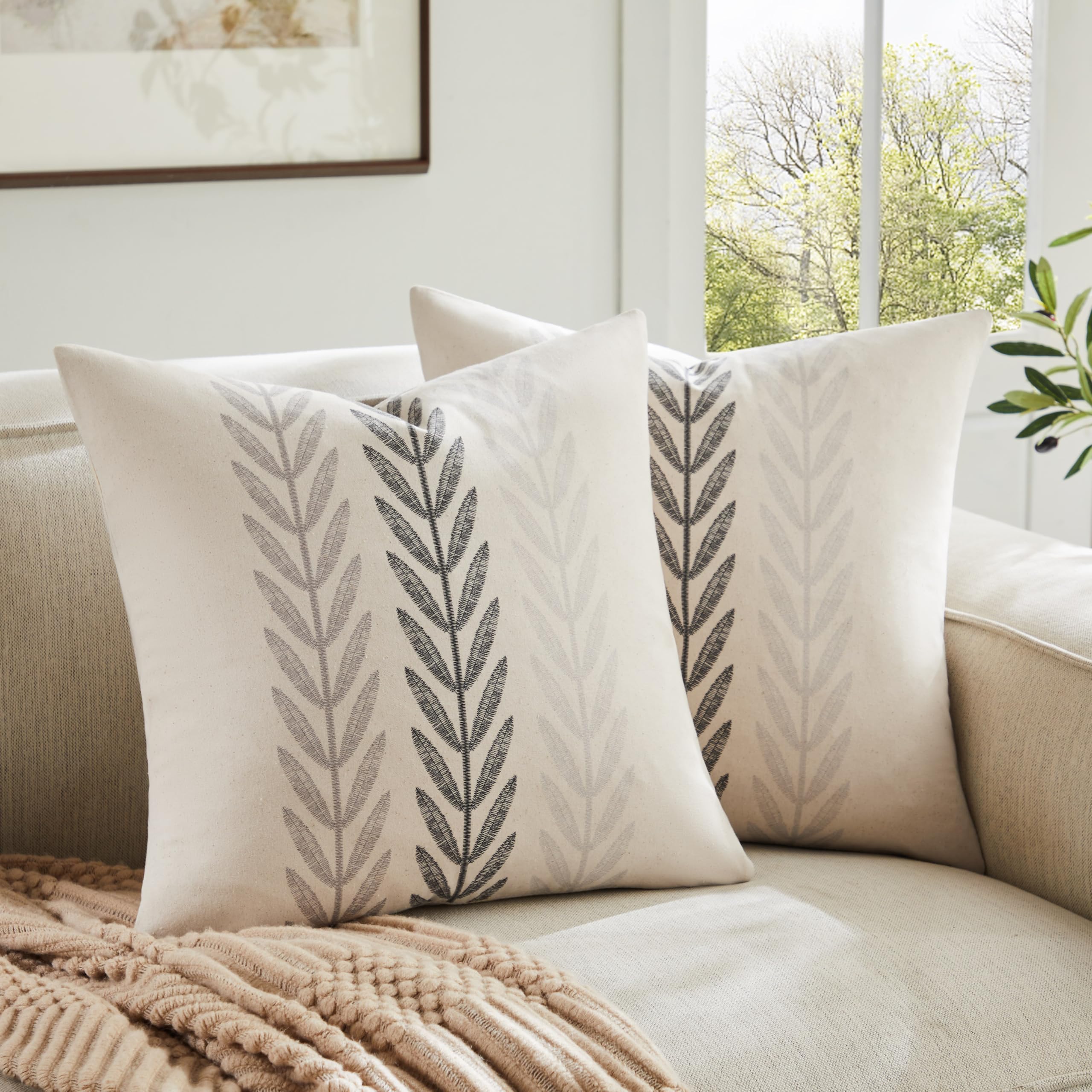 100% Cotton Farmhouse Leaves Throw Pillow Covers Set of 2, 24x24 Inch Mixed Beige Pastoral Decorative Print Cushion Covers for Sofa Bed Living Room Home Decor