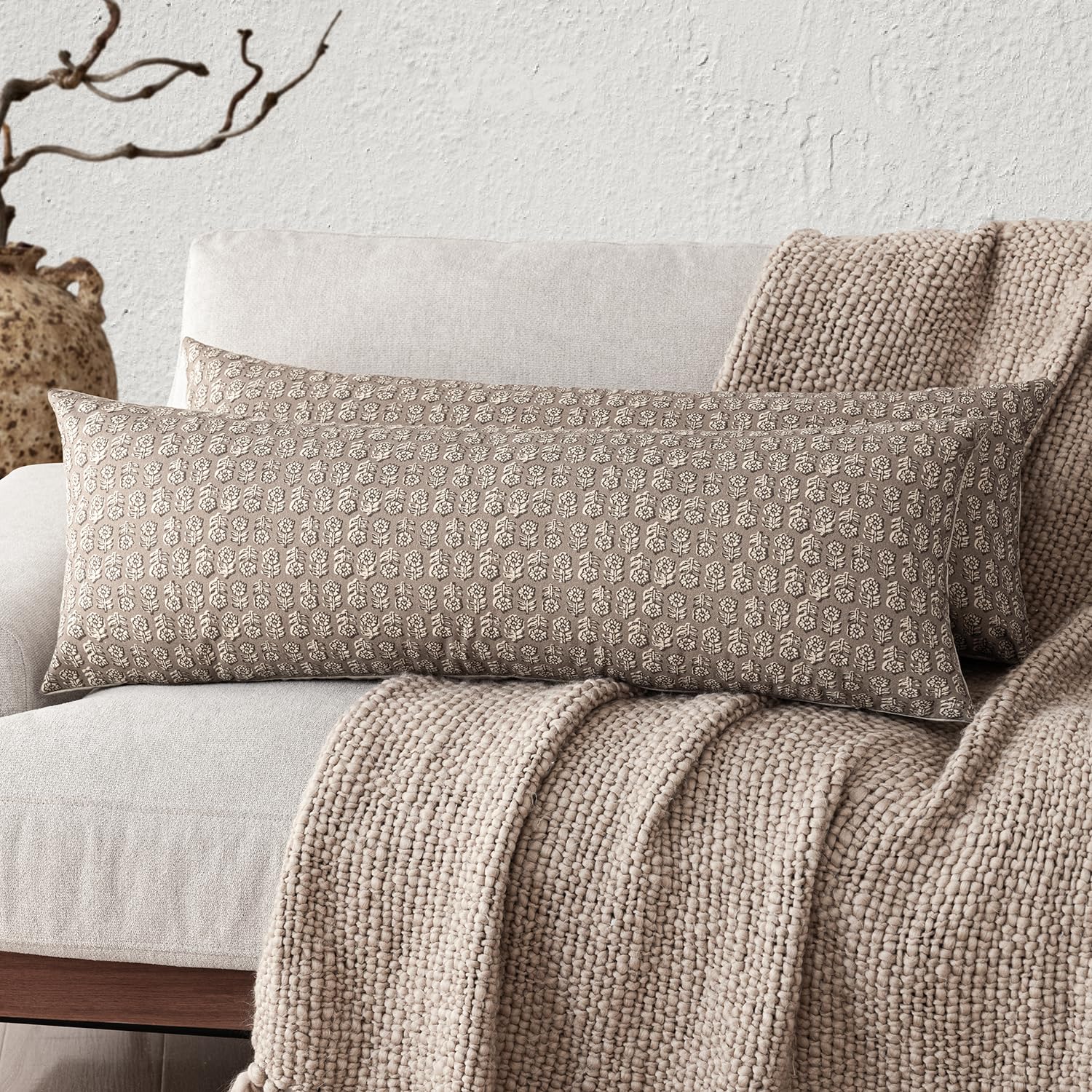 Foindtower Set of 2 Decorative Vintage Floral Print Throw Pillow Covers Neutral Modern Farmhouse Cushion Covers Boho Home Decor for Sofa Couch Chair Bedroom Living Room,24×24 Inch,Sage Green