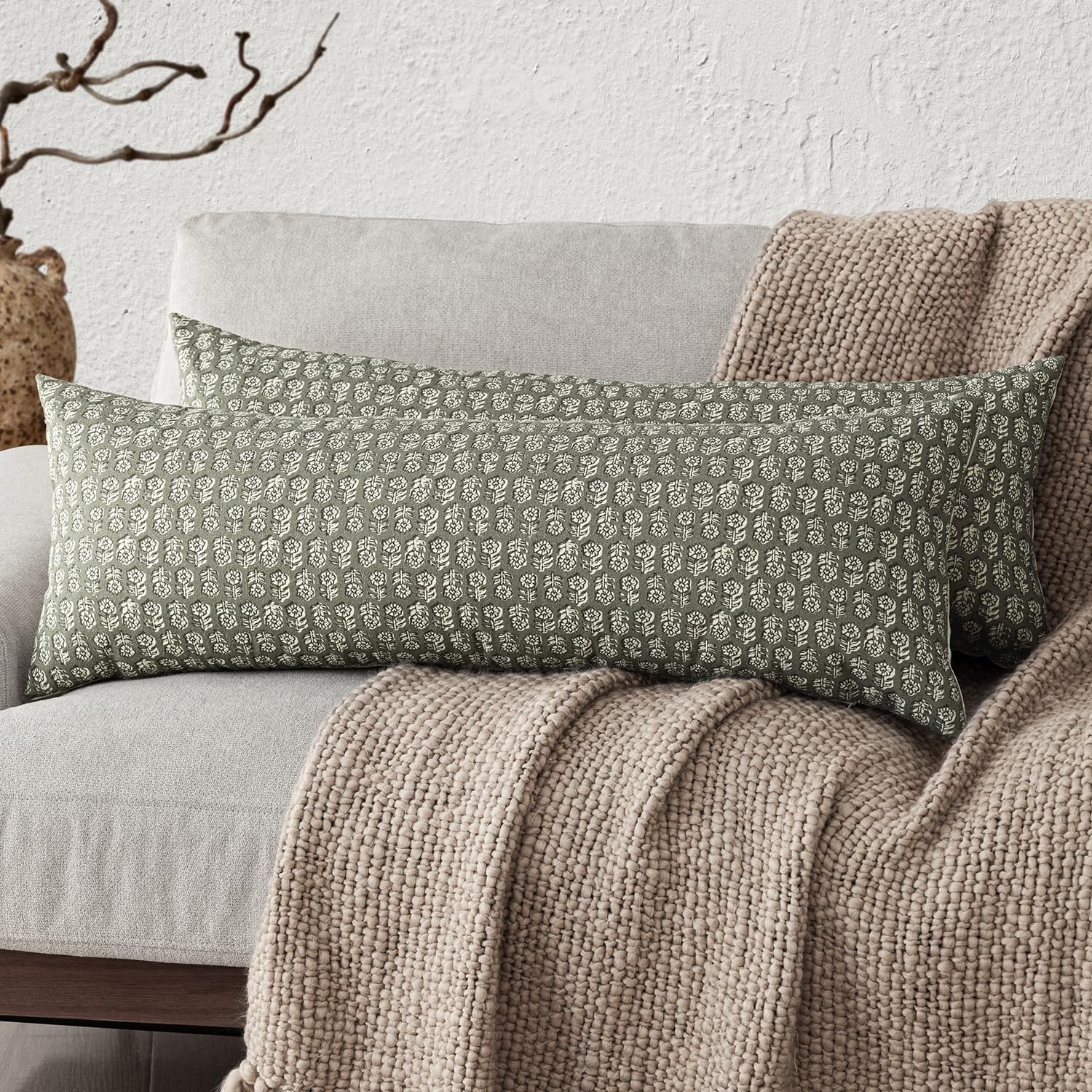 Foindtower Set of 2 Decorative Vintage Floral Print Throw Pillow Covers Neutral Modern Farmhouse Cushion Covers Boho Home Decor for Sofa Couch Chair Bedroom Living Room,24×24 Inch,Sage Green