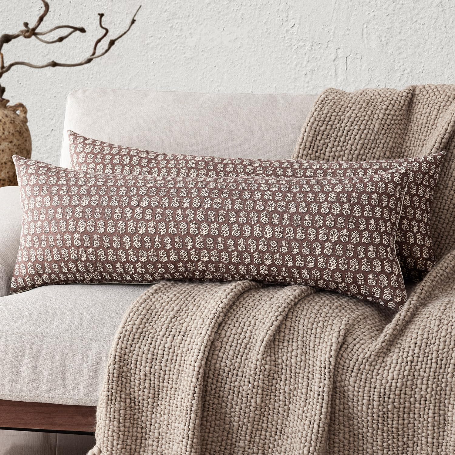 Foindtower Set of 2 Decorative Vintage Floral Print Throw Pillow Covers Neutral Modern Farmhouse Cushion Covers Boho Home Decor for Sofa Couch Chair Bedroom Living Room,24×24 Inch,Sage Green