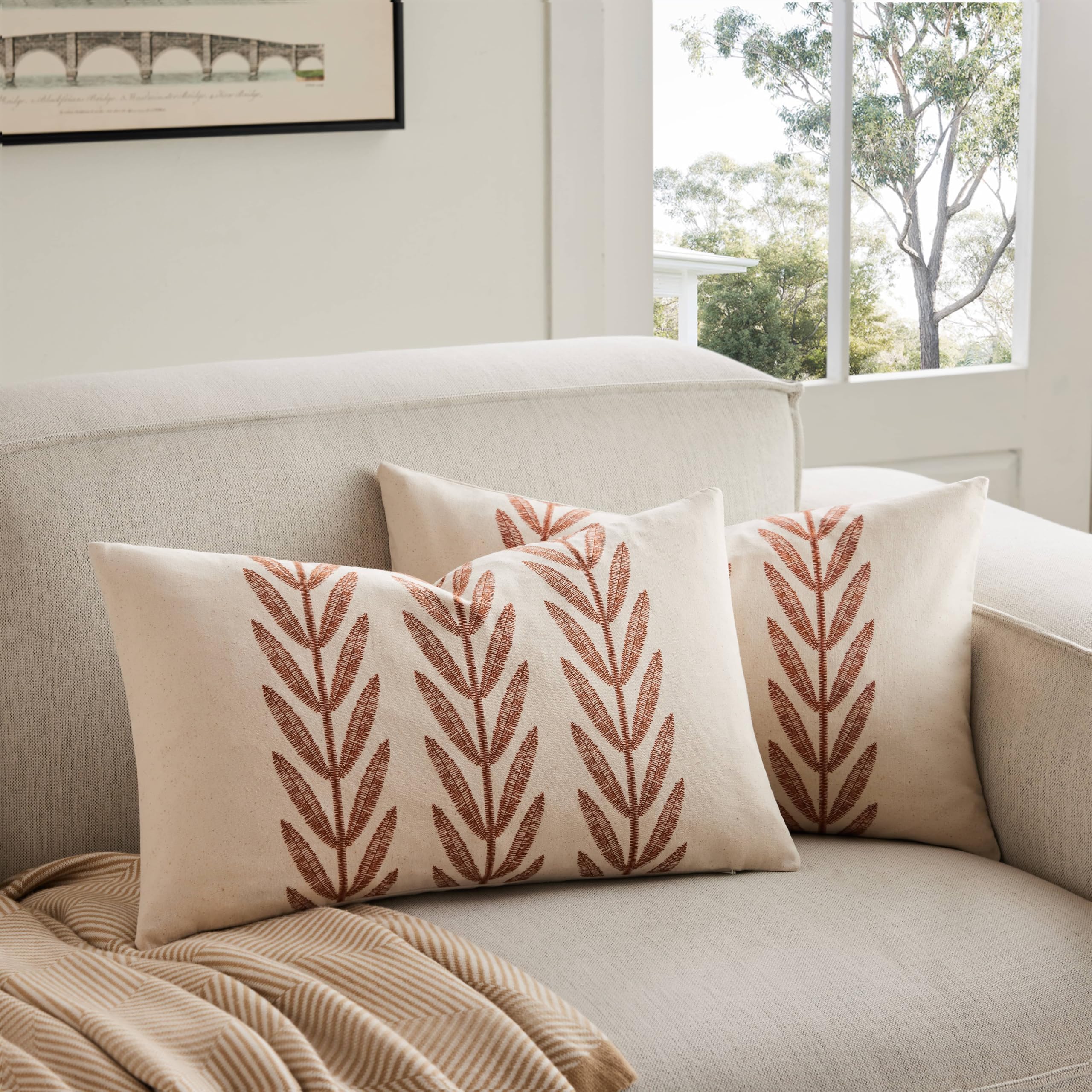 100% Cotton Farmhouse Leaves Throw Pillow Covers Set of 2, 24x24 Inch Mixed Beige Pastoral Decorative Print Cushion Covers for Sofa Bed Living Room Home Decor