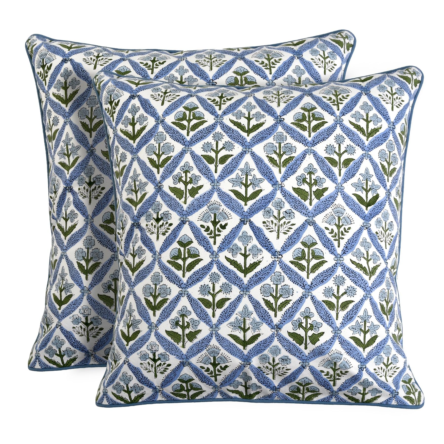 Ridhi Block Print Asparagus Green Pillow Cover 18" x 18" (Pack of 2) Decorative Couch Pillows for Living Room, Chic Boho Cute Outdoor Pillows Covers Gifts for Spring, Easter and Valentine