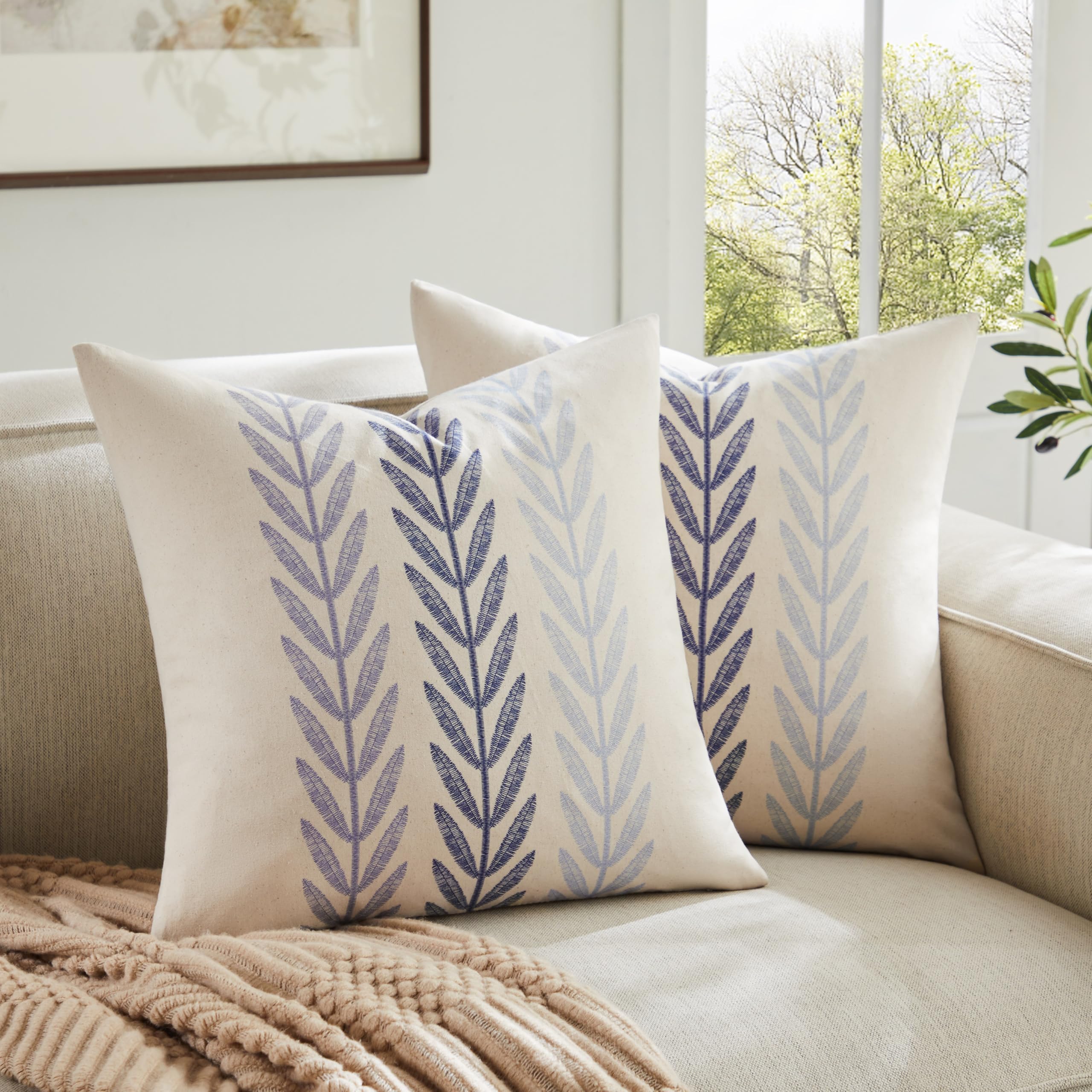 100% Cotton Farmhouse Leaves Throw Pillow Covers Set of 2, 24x24 Inch Mixed Beige Pastoral Decorative Print Cushion Covers for Sofa Bed Living Room Home Decor