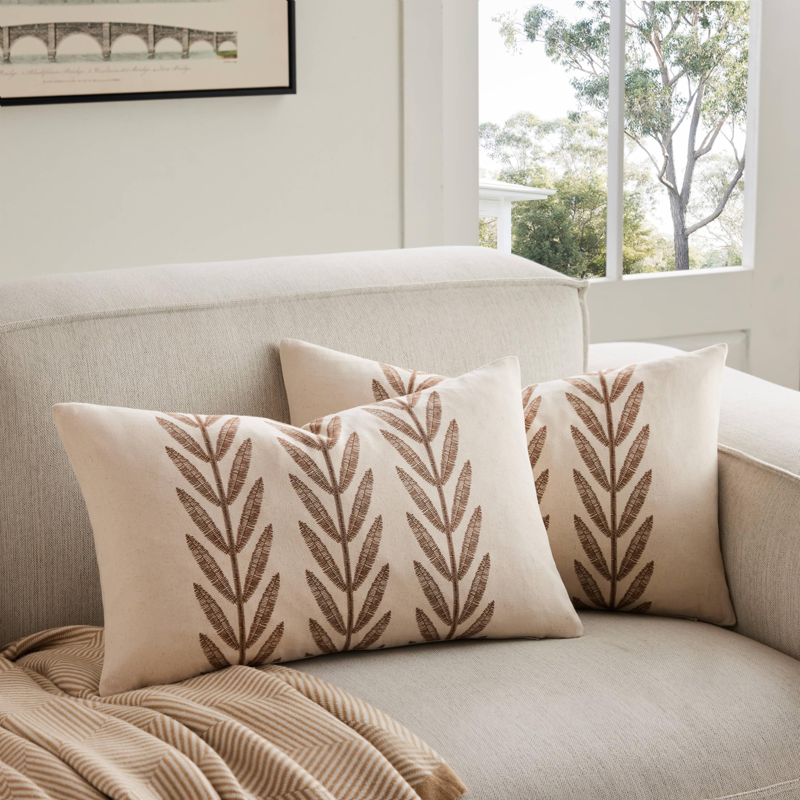 100% Cotton Farmhouse Leaves Throw Pillow Covers Set of 2, 24x24 Inch Mixed Beige Pastoral Decorative Print Cushion Covers for Sofa Bed Living Room Home Decor