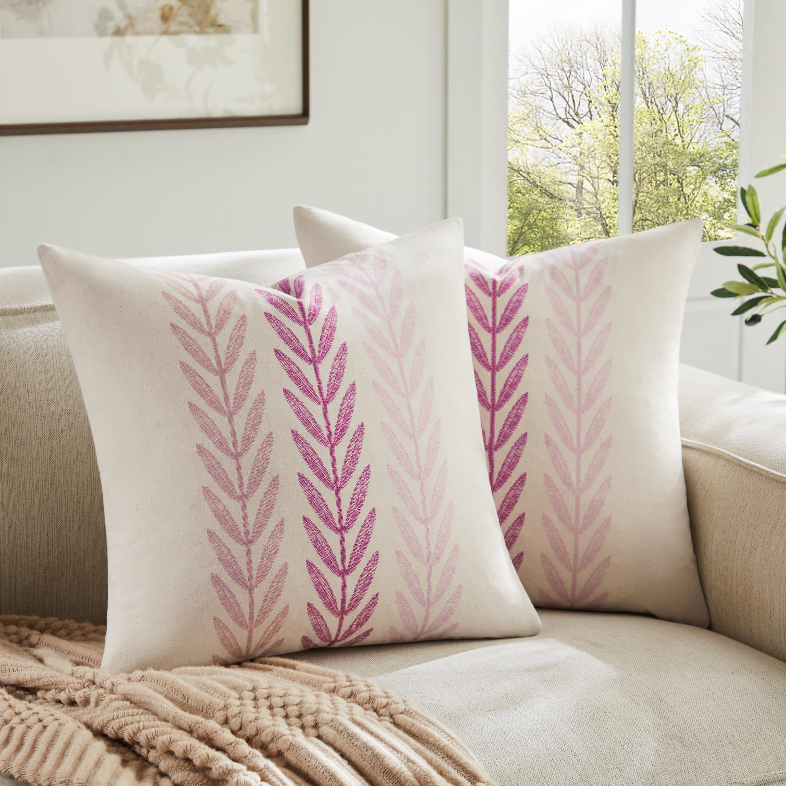 100% Cotton Farmhouse Leaves Throw Pillow Covers Set of 2, 24x24 Inch Mixed Beige Pastoral Decorative Print Cushion Covers for Sofa Bed Living Room Home Decor