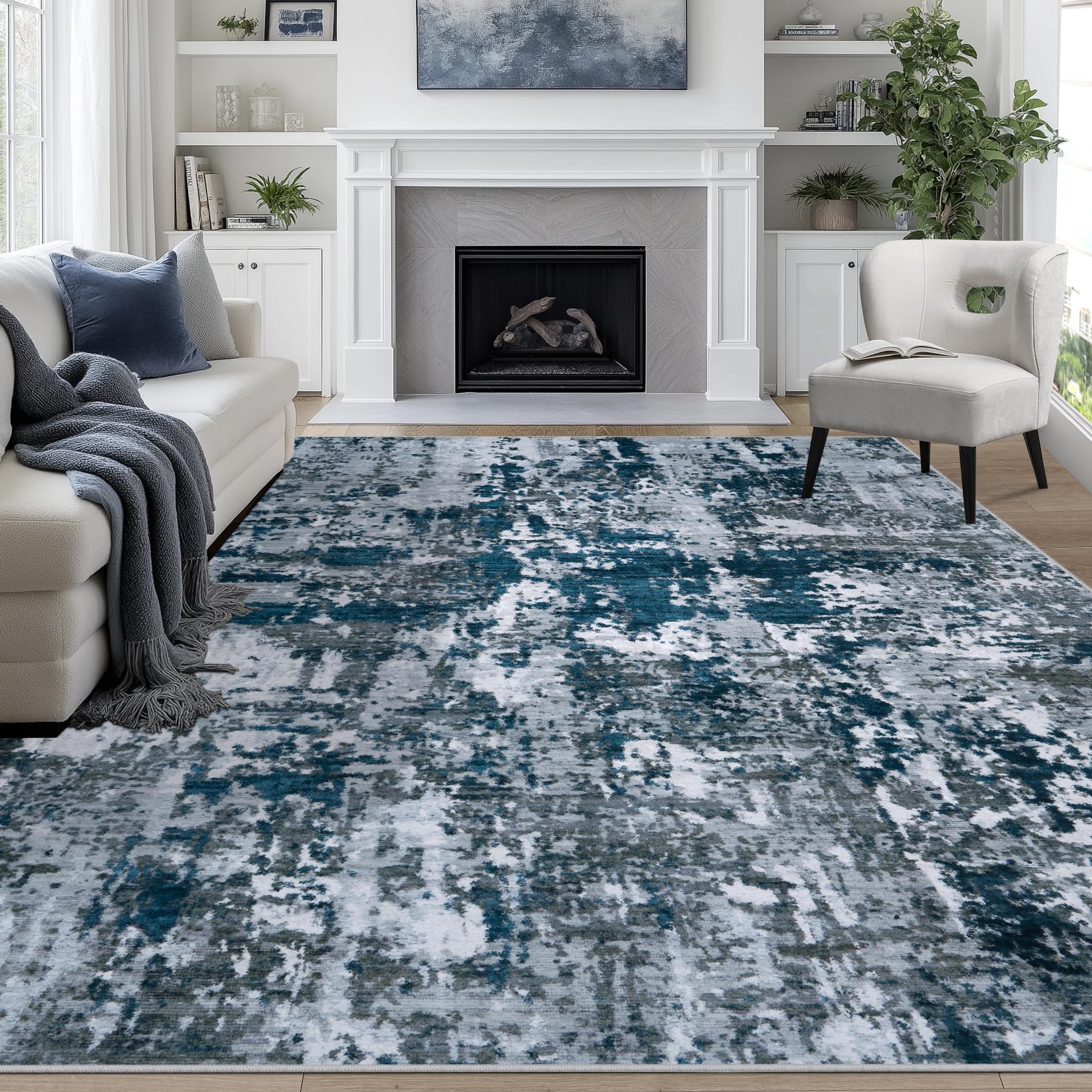 8x10 Area Rugs for Living Room Rug Washable: Abstract Large Rug for Dining Room Bedroom Carpet Non Slip 8 by 10 Indoor Modern Nursery Home Office Blue Grey