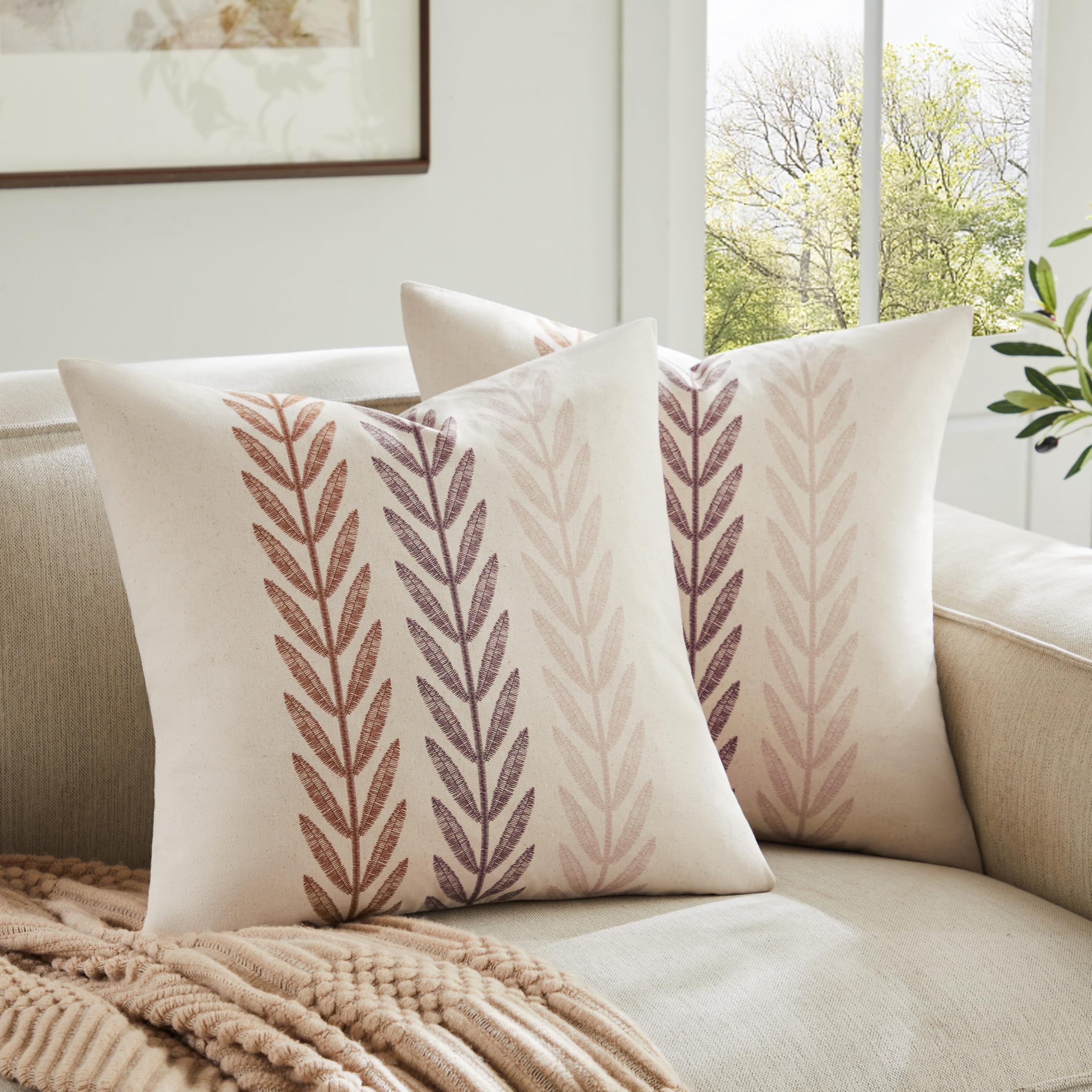 100% Cotton Farmhouse Leaves Throw Pillow Covers Set of 2, 24x24 Inch Mixed Beige Pastoral Decorative Print Cushion Covers for Sofa Bed Living Room Home Decor