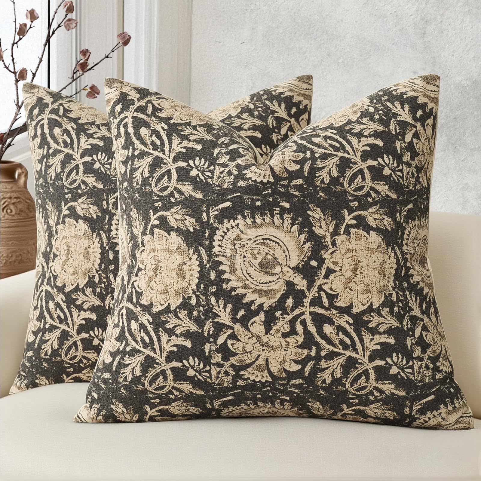 Vintage Floral Print Throw Pillow Covers 24x24 Set of 2 Neutral Modern Farmhouse Pillowcases Accent Decorative Cushion Covers Boho Home Decor for Couch Sofa Chair Bed Living Room, Dusty Blue