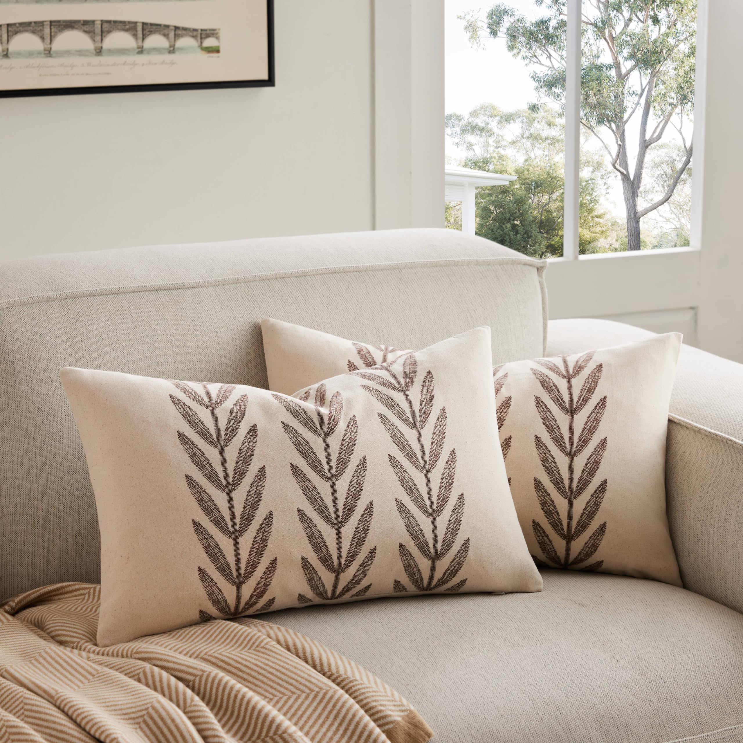 100% Cotton Farmhouse Leaves Throw Pillow Covers Set of 2, 24x24 Inch Mixed Beige Pastoral Decorative Print Cushion Covers for Sofa Bed Living Room Home Decor