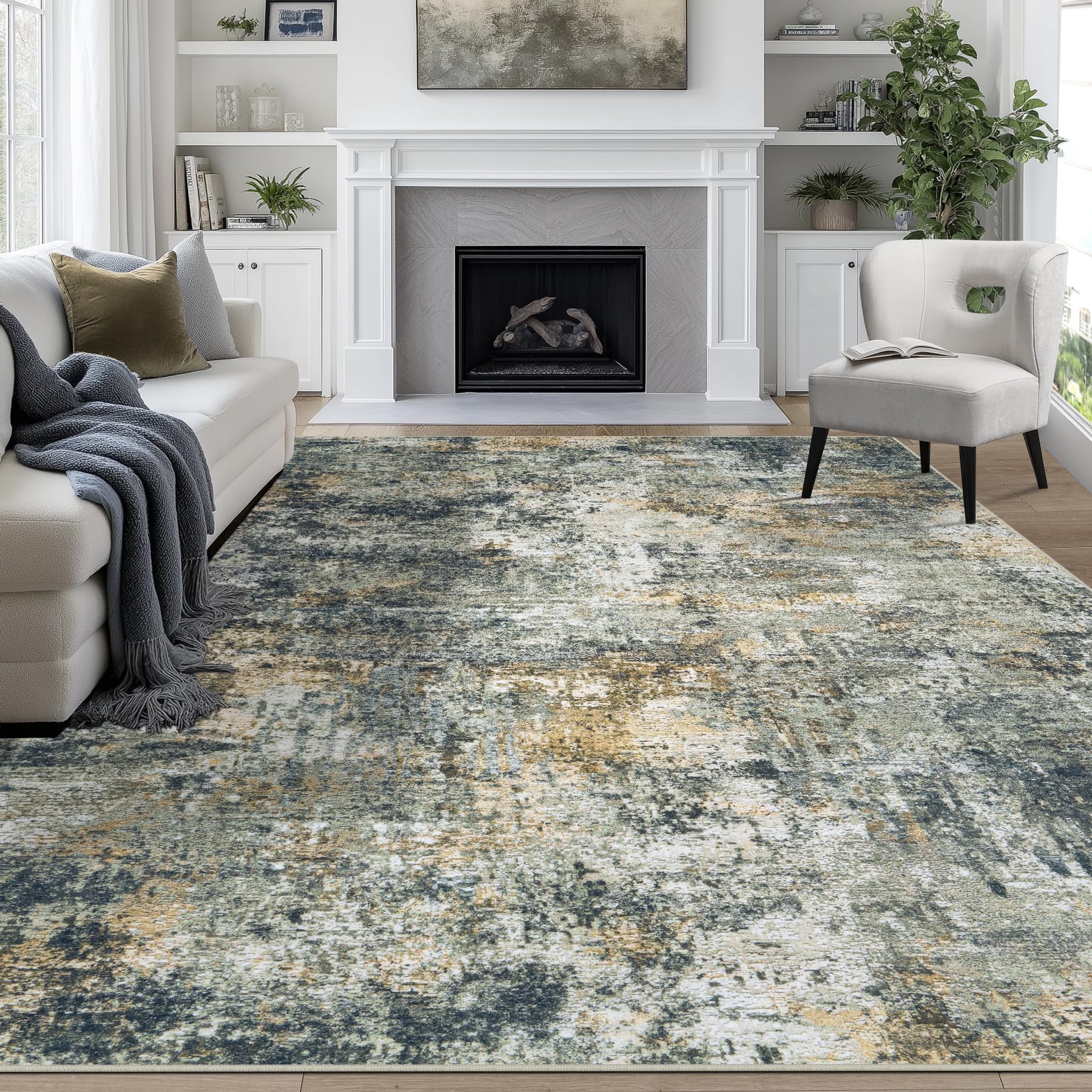 8x10 Area Rugs for Living Room Rug Washable: Abstract Large Rug for Dining Room Bedroom Carpet Non Slip 8 by 10 Indoor Modern Nursery Home Office Blue Grey