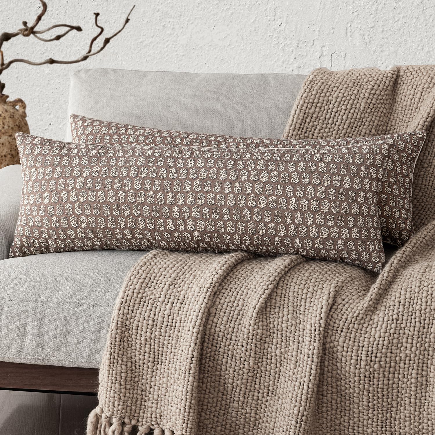 Foindtower Set of 2 Decorative Vintage Floral Print Throw Pillow Covers Neutral Modern Farmhouse Cushion Covers Boho Home Decor for Sofa Couch Chair Bedroom Living Room,24×24 Inch,Sage Green