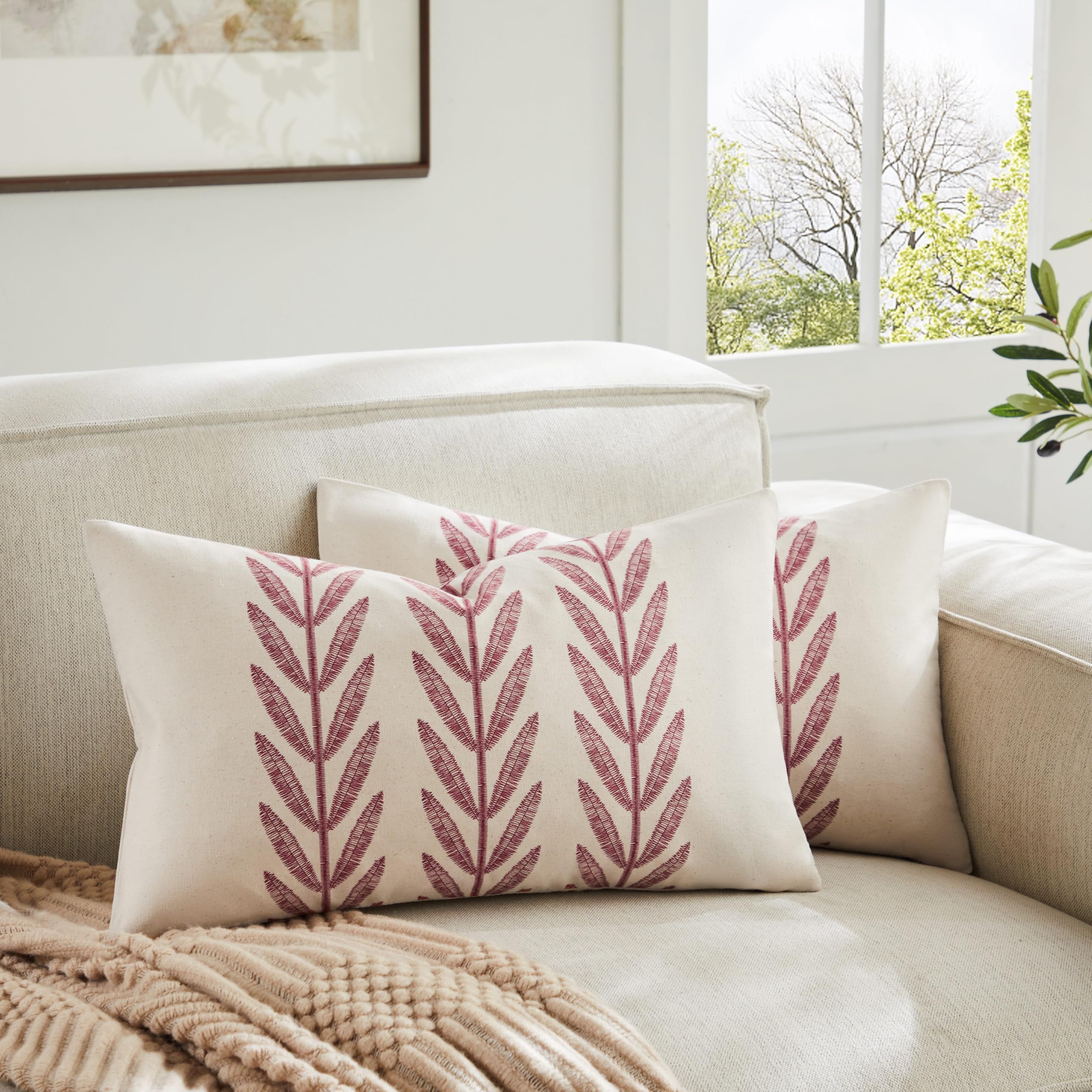 100% Cotton Farmhouse Leaves Throw Pillow Covers Set of 2, 24x24 Inch Mixed Beige Pastoral Decorative Print Cushion Covers for Sofa Bed Living Room Home Decor