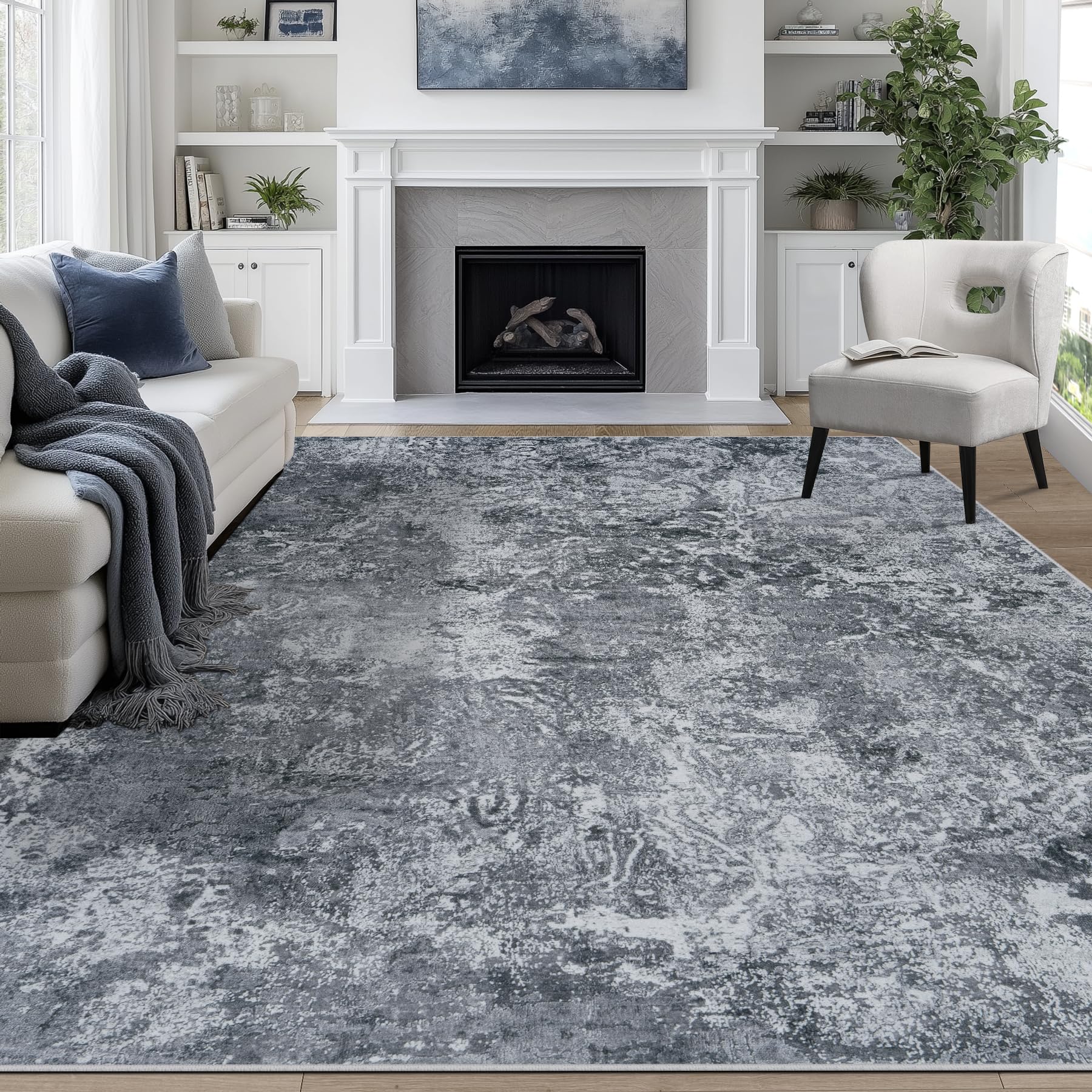 8x10 Area Rugs for Living Room Rug Washable: Abstract Large Rug for Dining Room Bedroom Carpet Non Slip 8 by 10 Indoor Modern Nursery Home Office Blue Grey